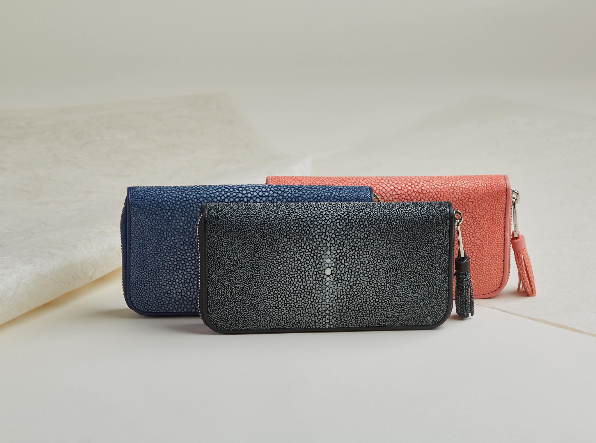 Shagreen leather zip clutch wallet with tassel