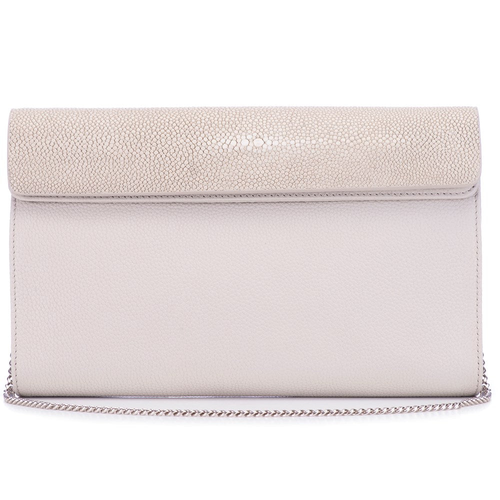 Cement Shagreen Ecru Leather Body Detachable Chain Holly Oversize Clutch Front View - Vivo Direct