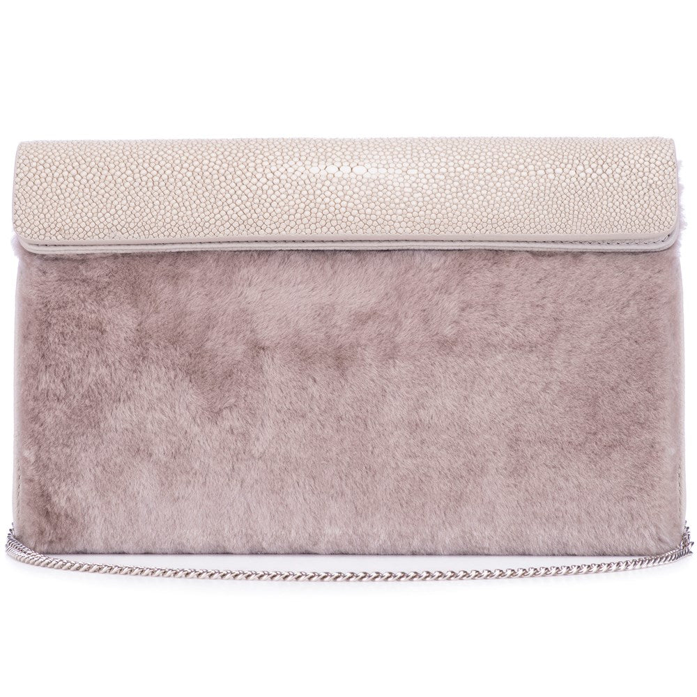 Cement Shagreen Light Gray Shearling Body Detachable Chain Holly Oversize Clutch Front View - Vivo Direct