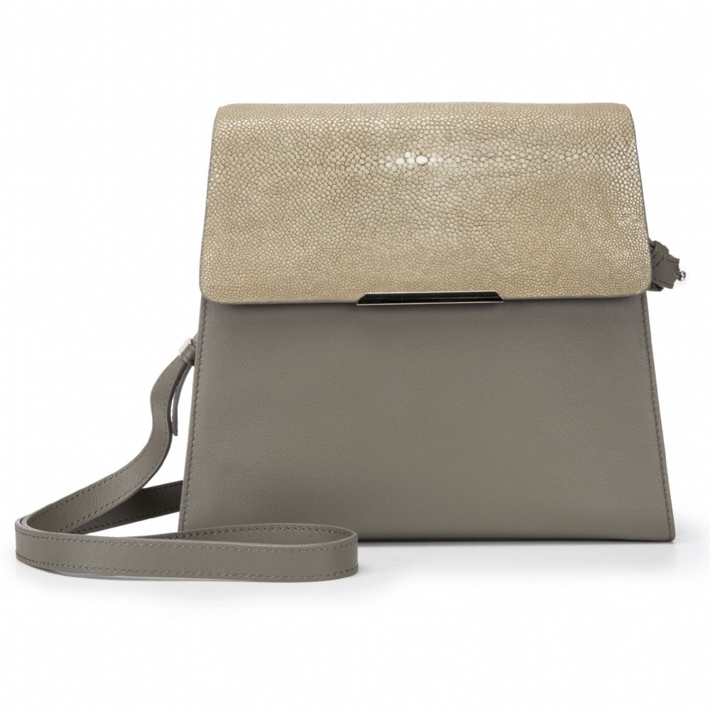 Modern Classic Crossbody Bag Taupe Shagreen Top And Smoke Leather Body Front View Jacq - Vivo Direct 