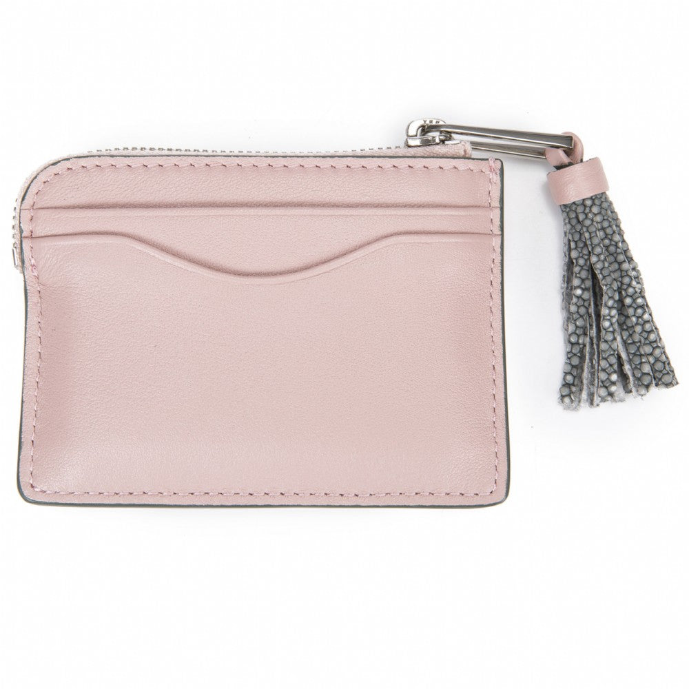 Pink Leather Zipper Card Or Coin Case With Shagreen Tassel Pull Back View Avery - Vivo Direct