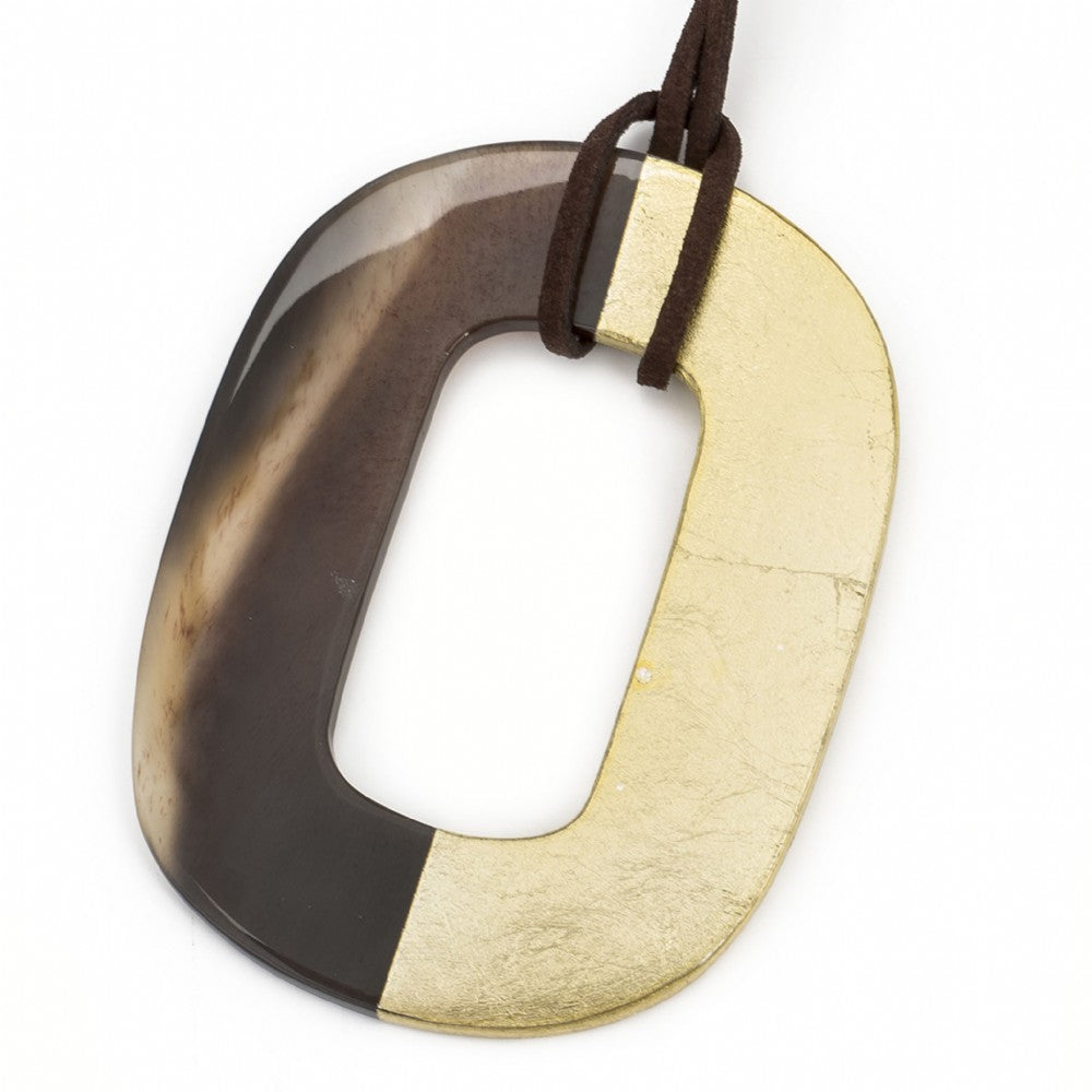 Oval Buffalo Horn Pendant Half Gold Leaf Lacquer Close View - Vivo Direct 
