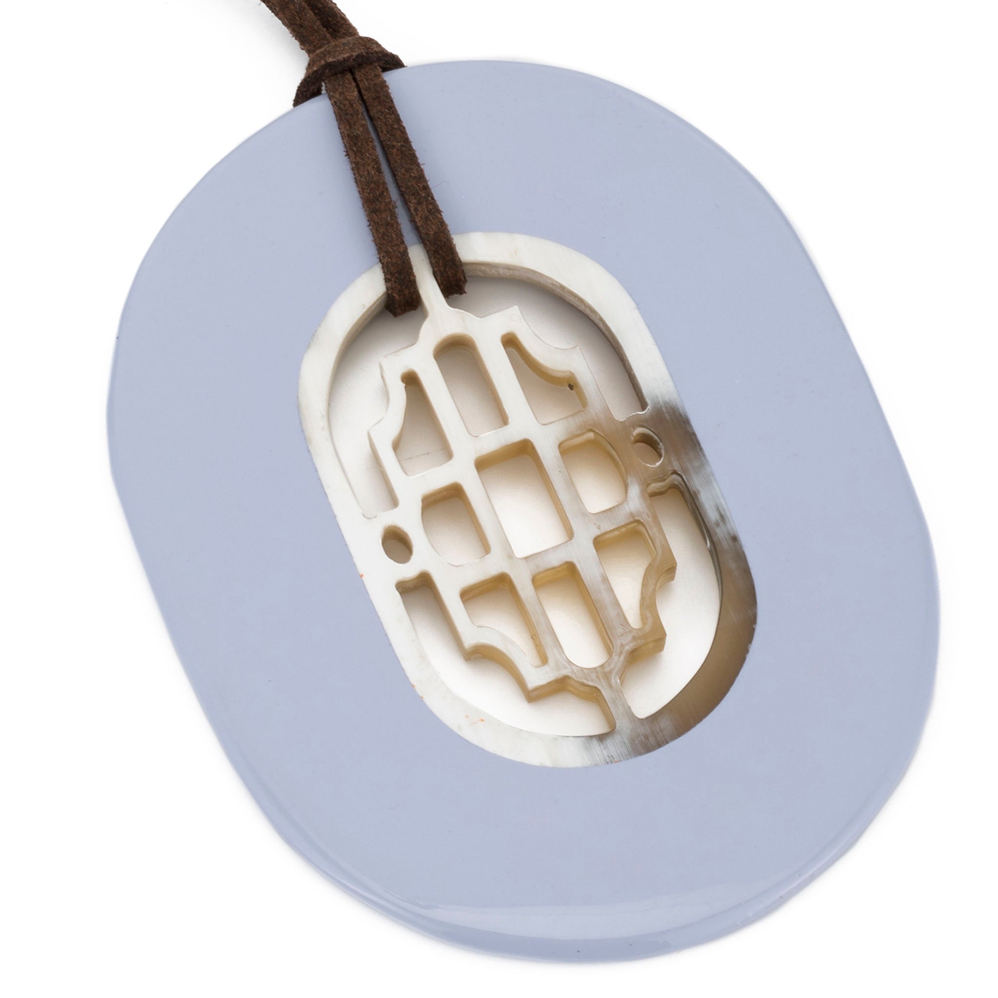 Oval Buffalo Pendant Carved Center Periwinkle Lacquer Frame Close View - Vivo Direct