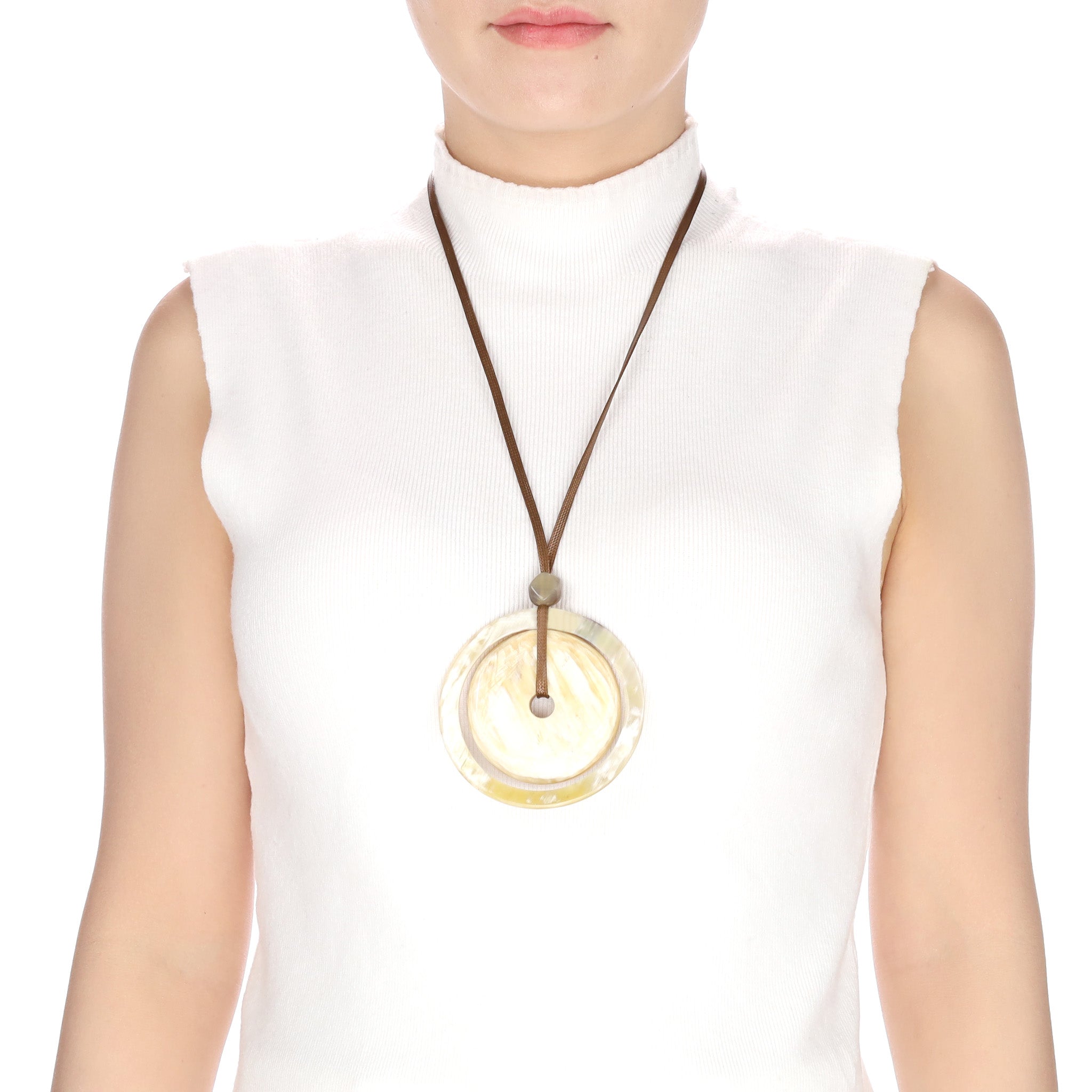 Buffalo Horn Concentric Circle Pendant on Cord On Body View - Vivo Direct 