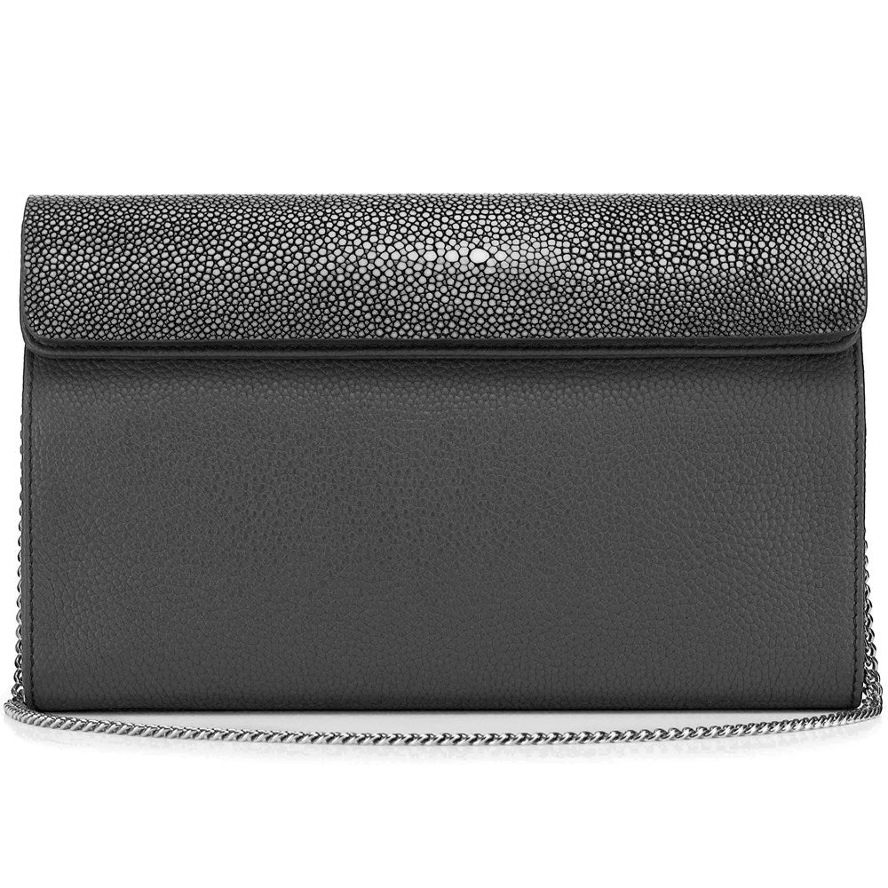 Black Shagreen Black Leather Body Detachable Chain Holly Oversize Clutch Front View - Vivo Direct
