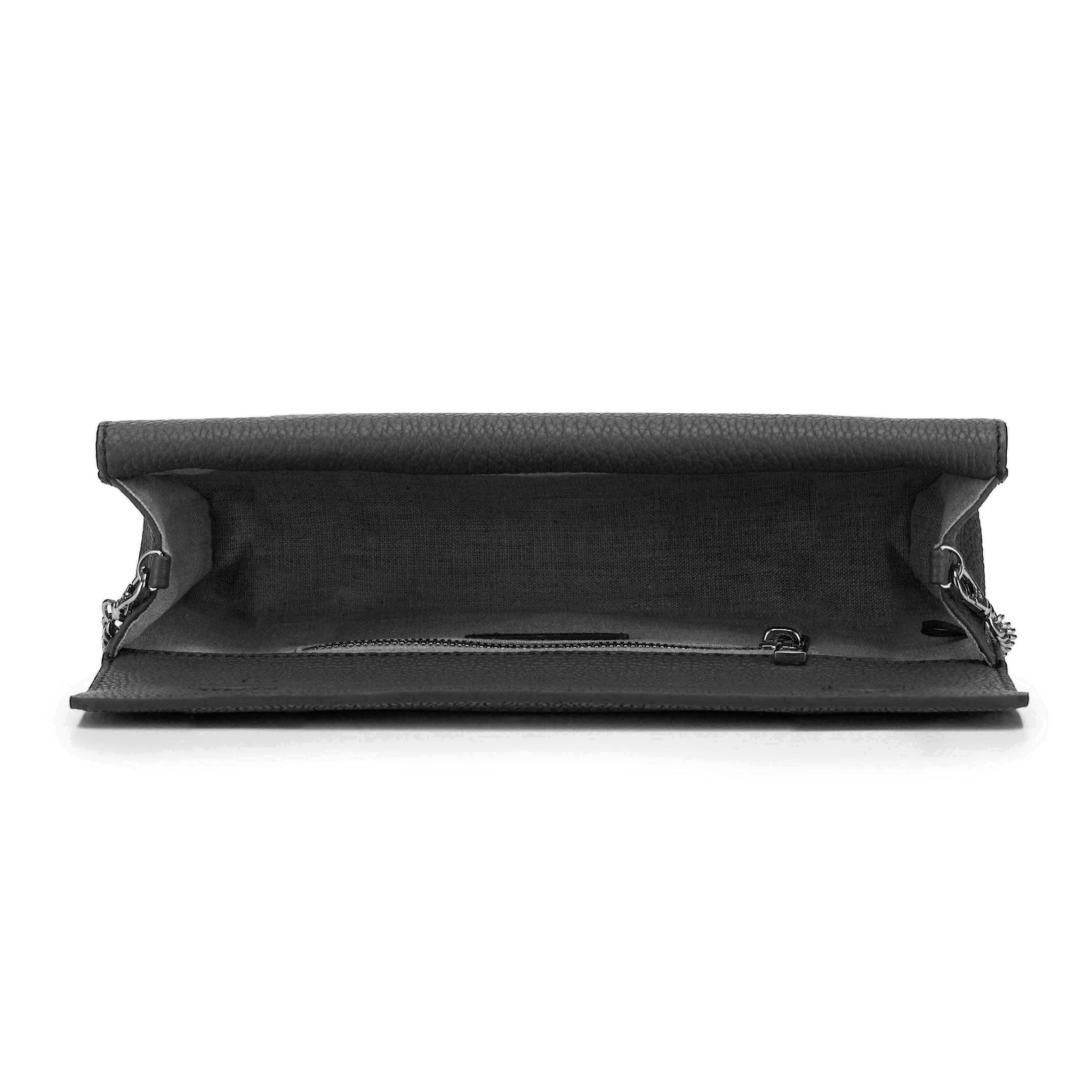 Black Shagreen Black Leather Body Detachable Chain Holly Oversize Clutch Inside View - Vivo Direct