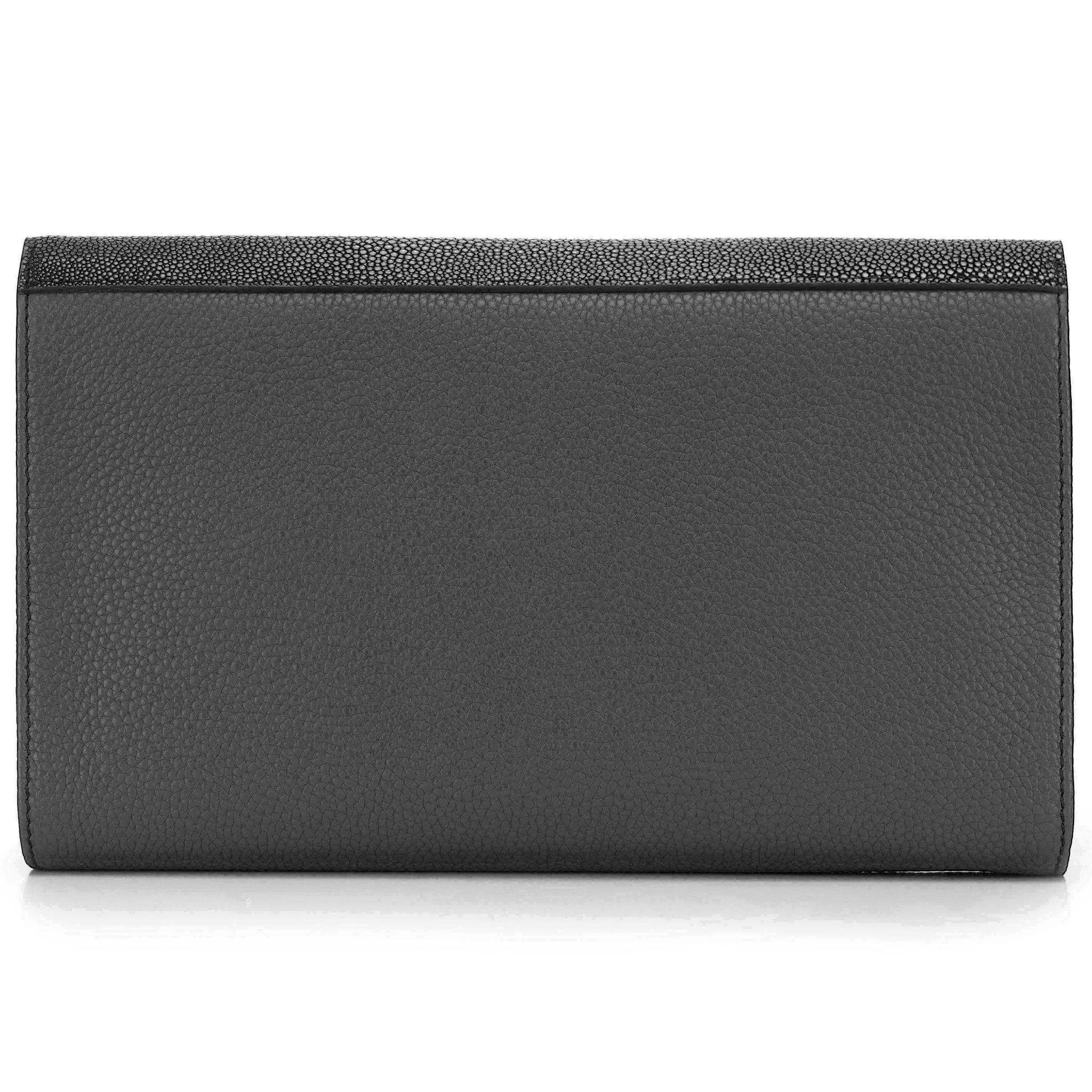 Black Shagreen Black Leather Body Detachable Chain Holly Oversize Clutch Back View - Vivo Direct