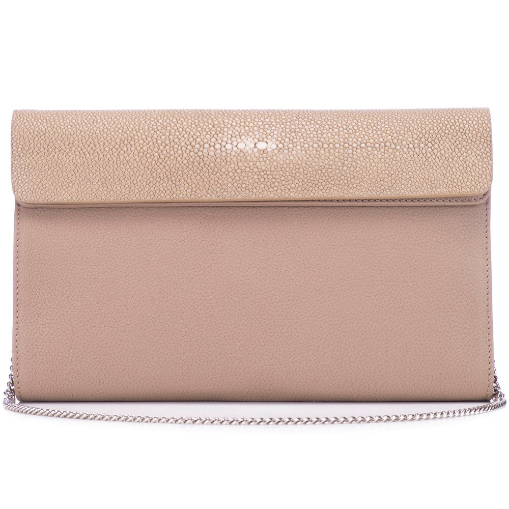 Taupe Shagreen Tan Leather Body Detachable Chain Holly Oversize Clutch Front View - Vivo Direct