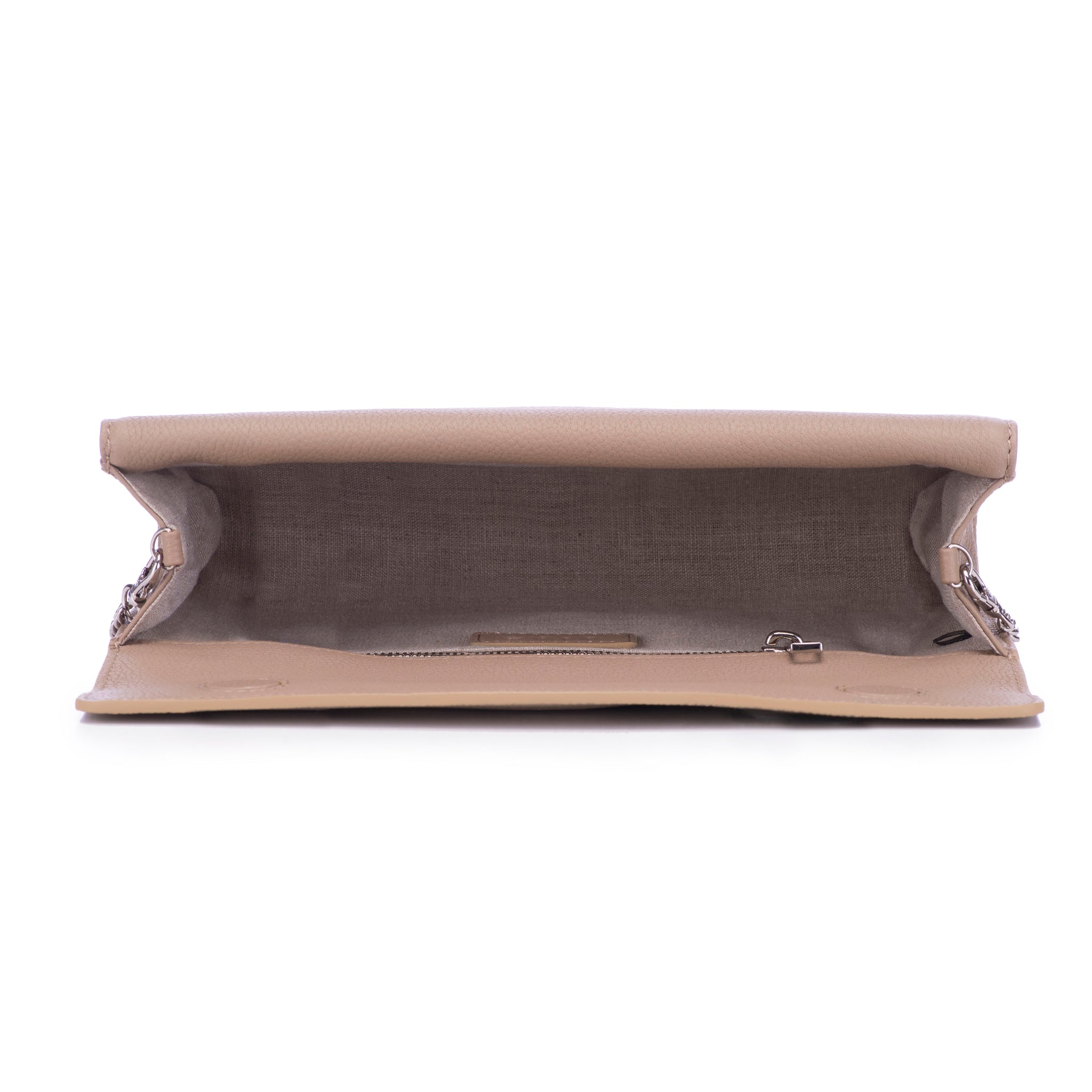 Taupe Shagreen Tan Leather Body Detachable Chain Holly Oversize Clutch Inside View - Vivo Direct