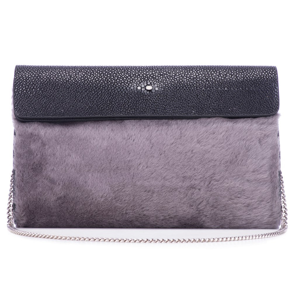 Black Shagreen Dark Gray Shearling Body Detachable Chain Holly Oversize Clutch Front View - Vivo Direct