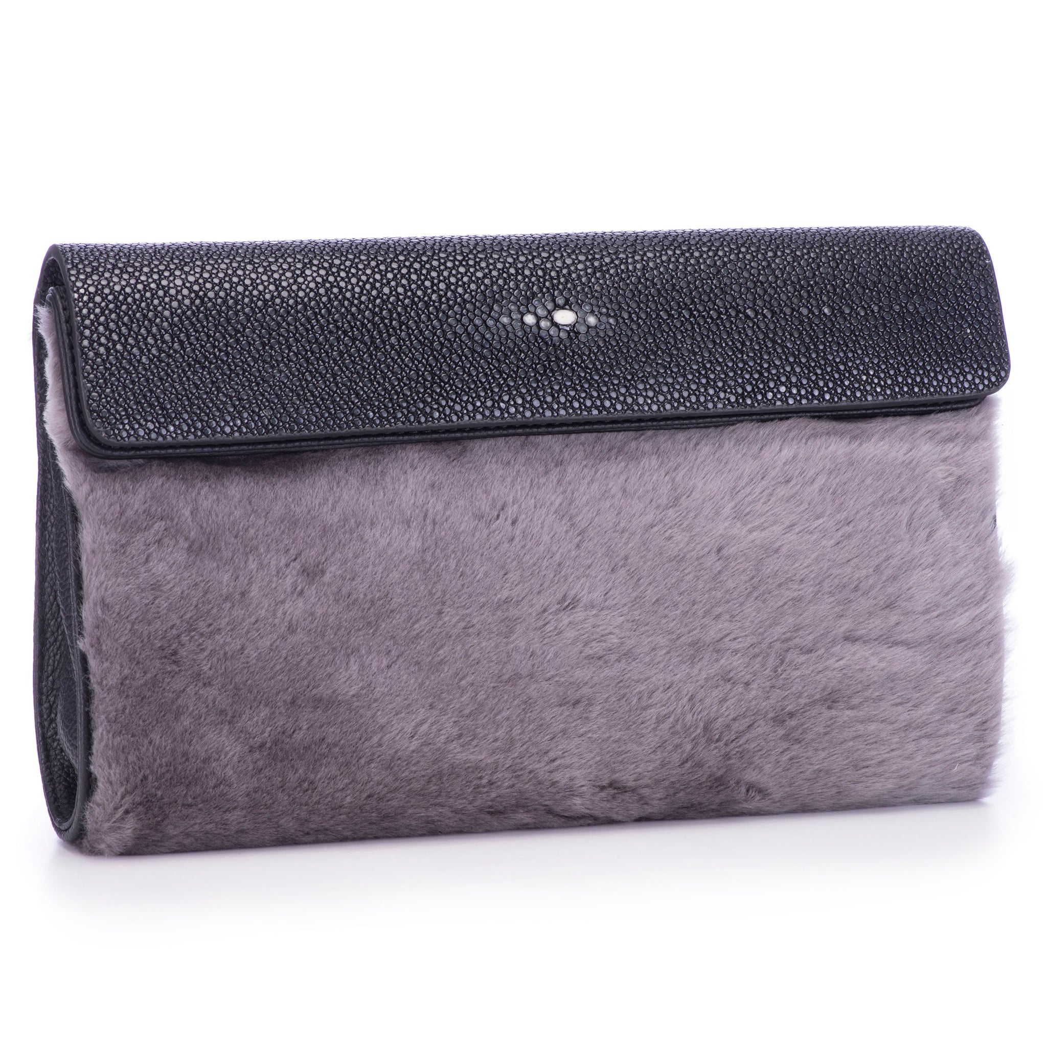 Black Shagreen Dark Gray Shearling Body Detachable Chain Holly Oversize Clutch Front Side View - Vivo Direct