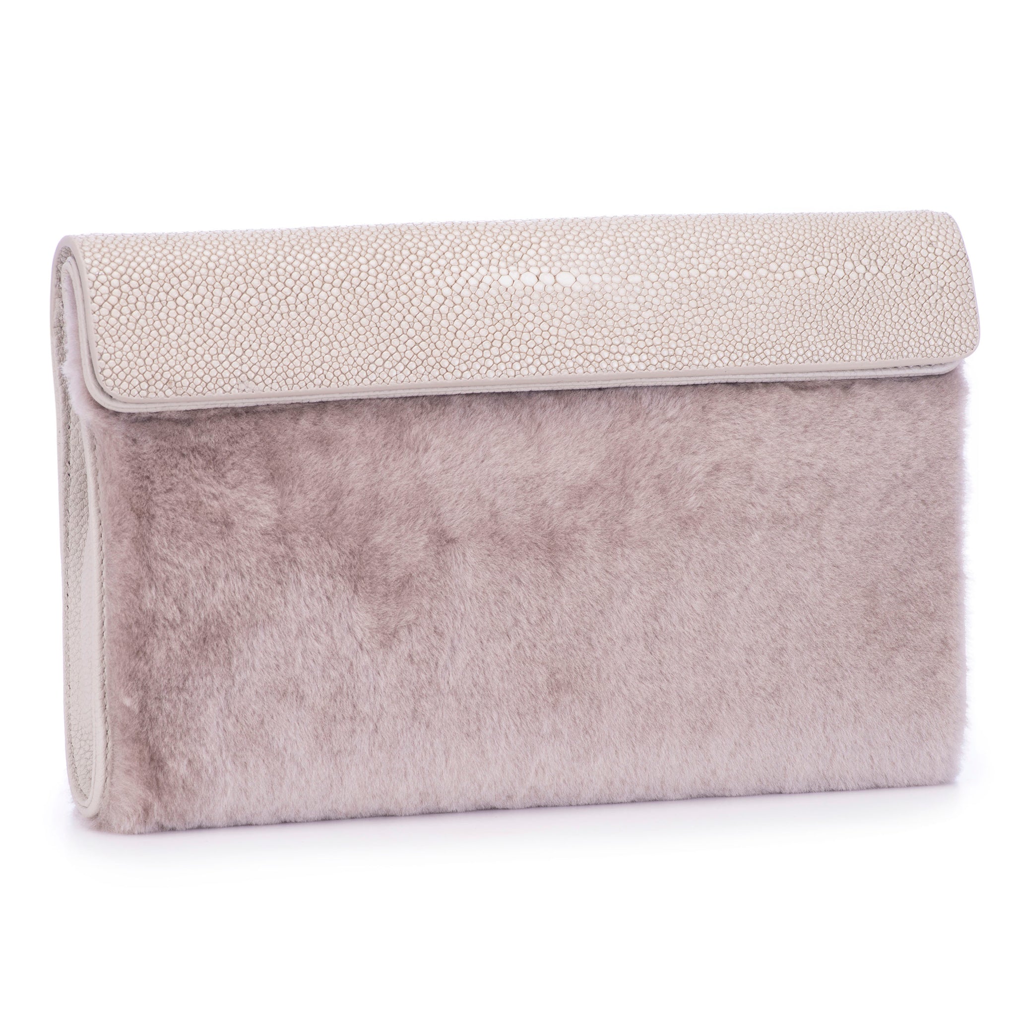 Cement Shagreen Light Gray Shearling Body Detachable Chain Holly Oversize Clutch Front Side View - Vivo Direct