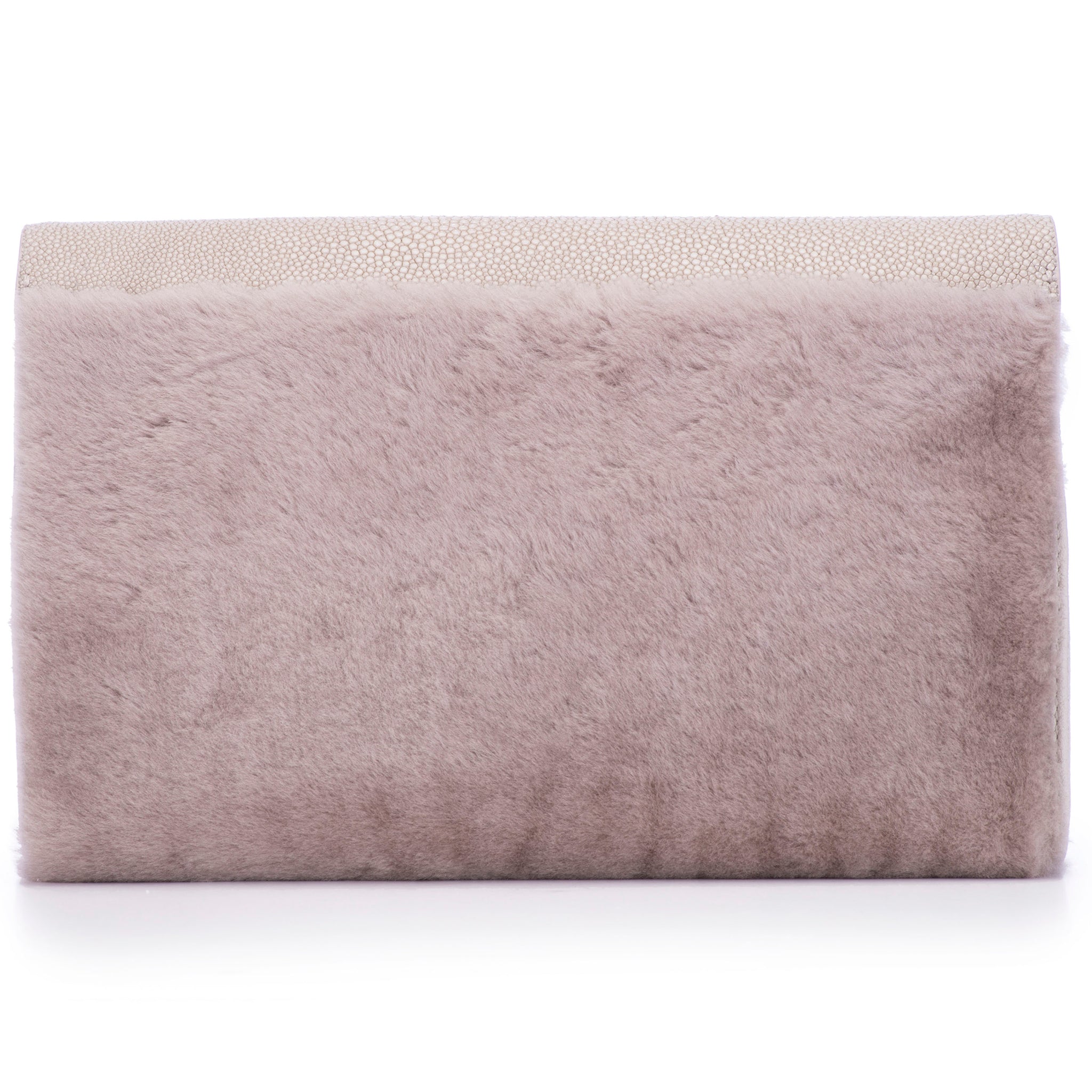 Cement Shagreen Light Gray Shearling Body Detachable Chain Holly Oversize Clutch BackView - Vivo Direct