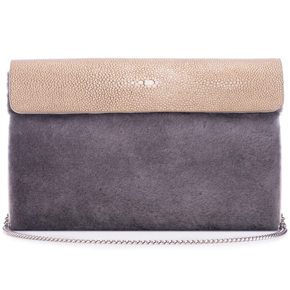 Taupe Shagreen Warm Gray Shearling Body Detachable Chain Holly Oversize Clutch Front View - Vivo Direct