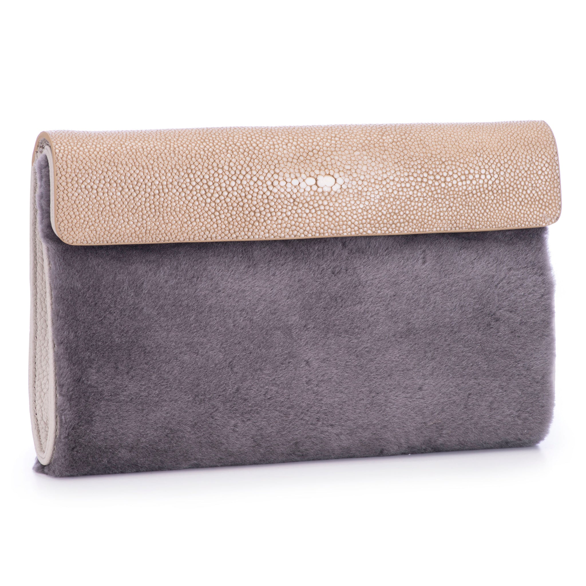 Taupe Shagreen Warm Gray Shearling Body Detachable Chain Holly Oversize Clutch Front Side View - Vivo Direct