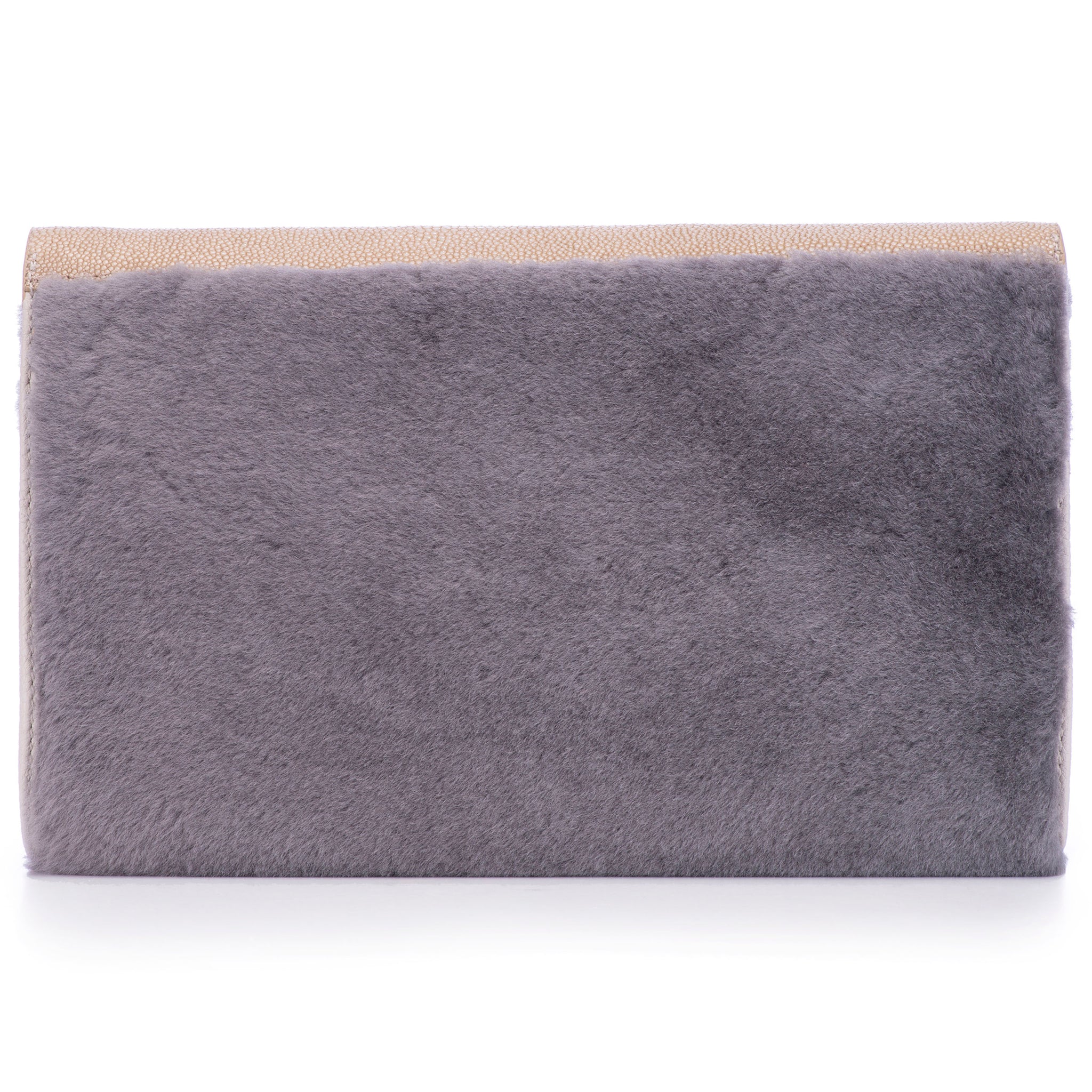 Taupe Shagreen Warm Gray Shearling Body Detachable Chain Holly Oversize Clutch Back View - Vivo Direct
