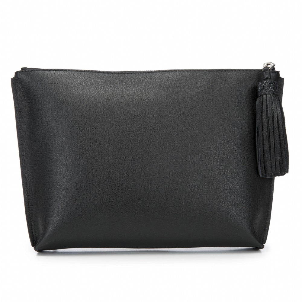 Black Leather Zip Top Pouch With Shagreen Wrap Tassel  Front View Jen - Vivo Direct 