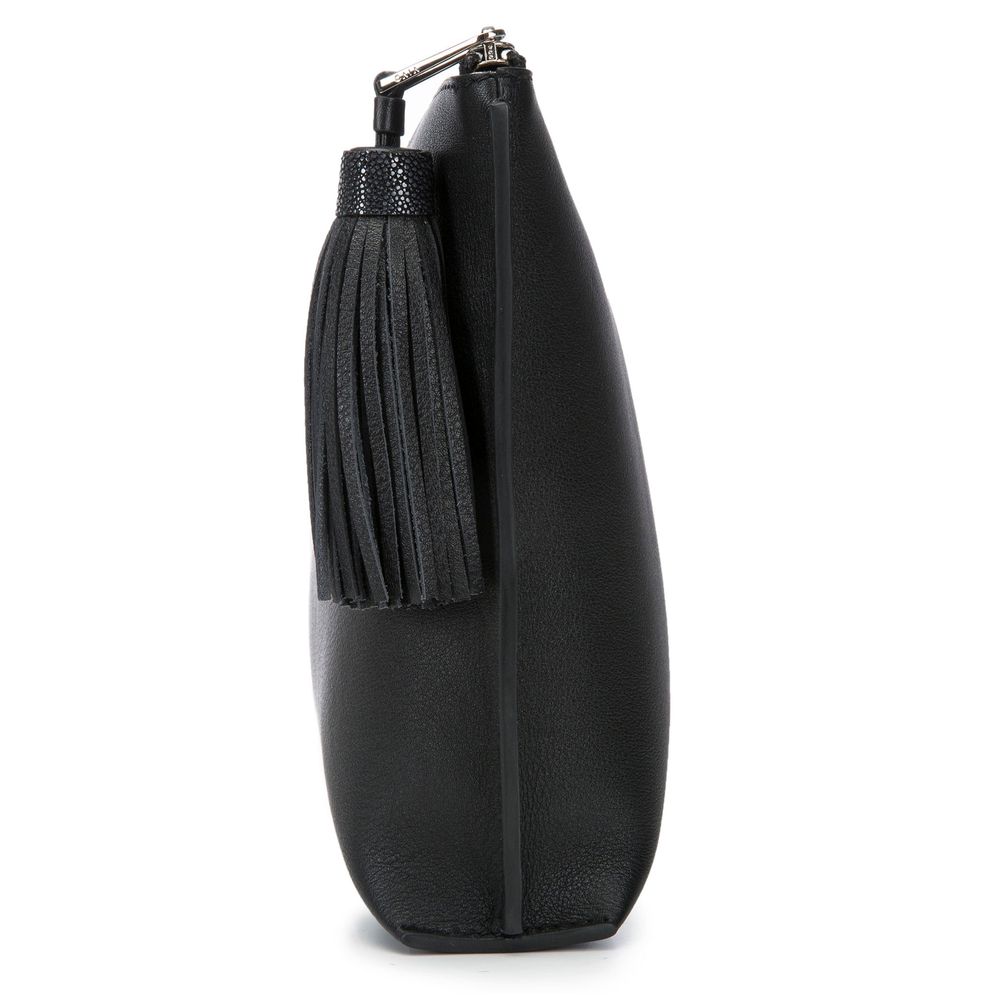 Black Leather Zip Top Pouch With Shagreen Wrap Tassel  Side View Jen - Vivo Direct 