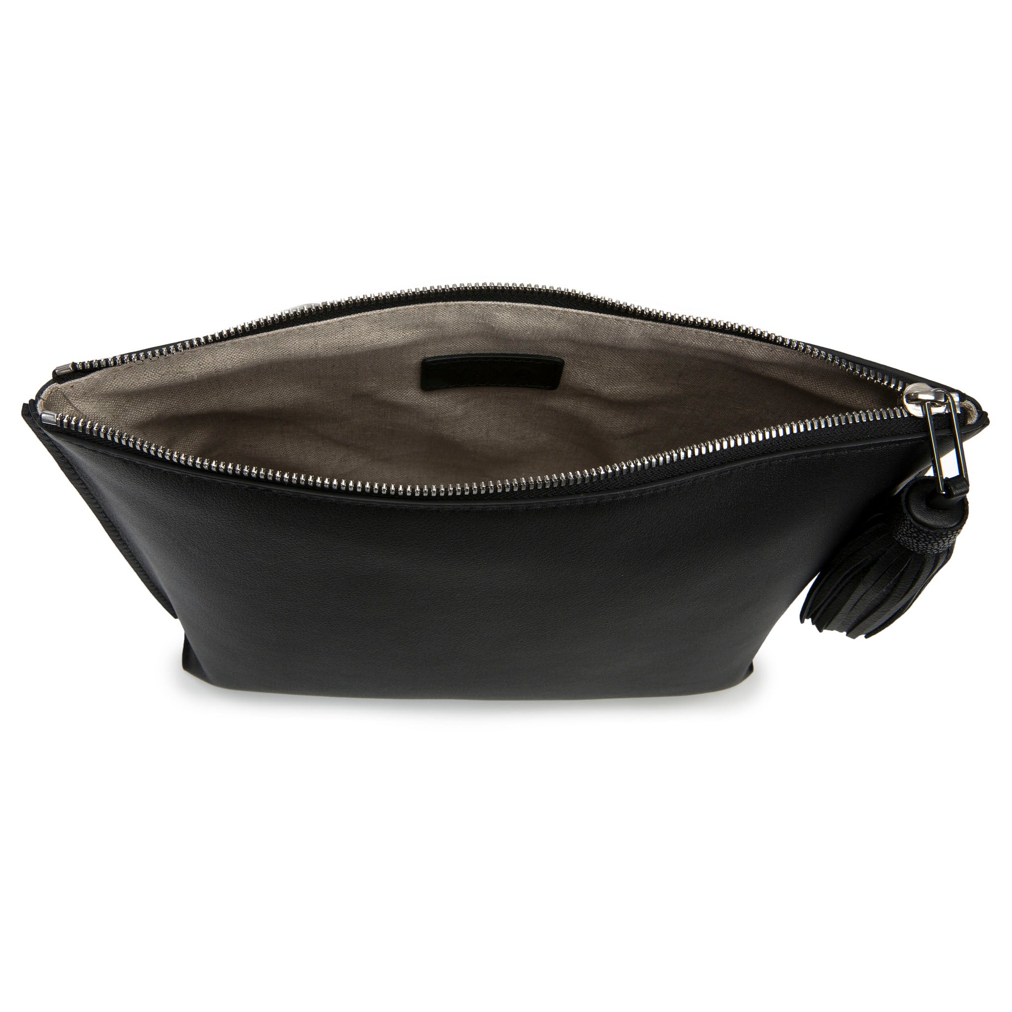 Black Leather Zip Top Pouch With Shagreen Wrap Tassel  Inside View Jen - Vivo Direct 