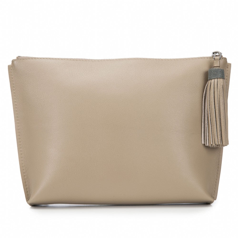 Buff Leather Zip Top Pouch With Shagreen Wrap Tassel  Front View Jen - Vivo Direct 