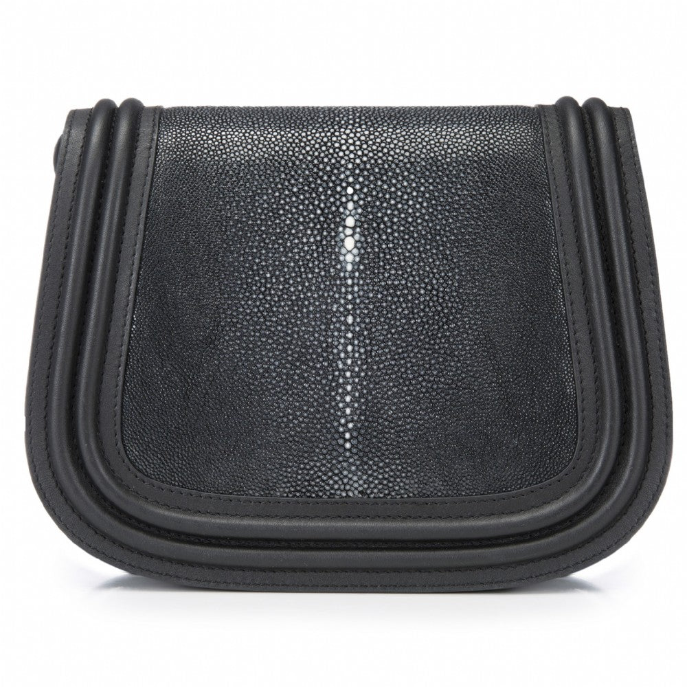 Black Corded Leather Framing Shagreen Front Panel Saddle Bag Front View Hazel - Vivo Direct 