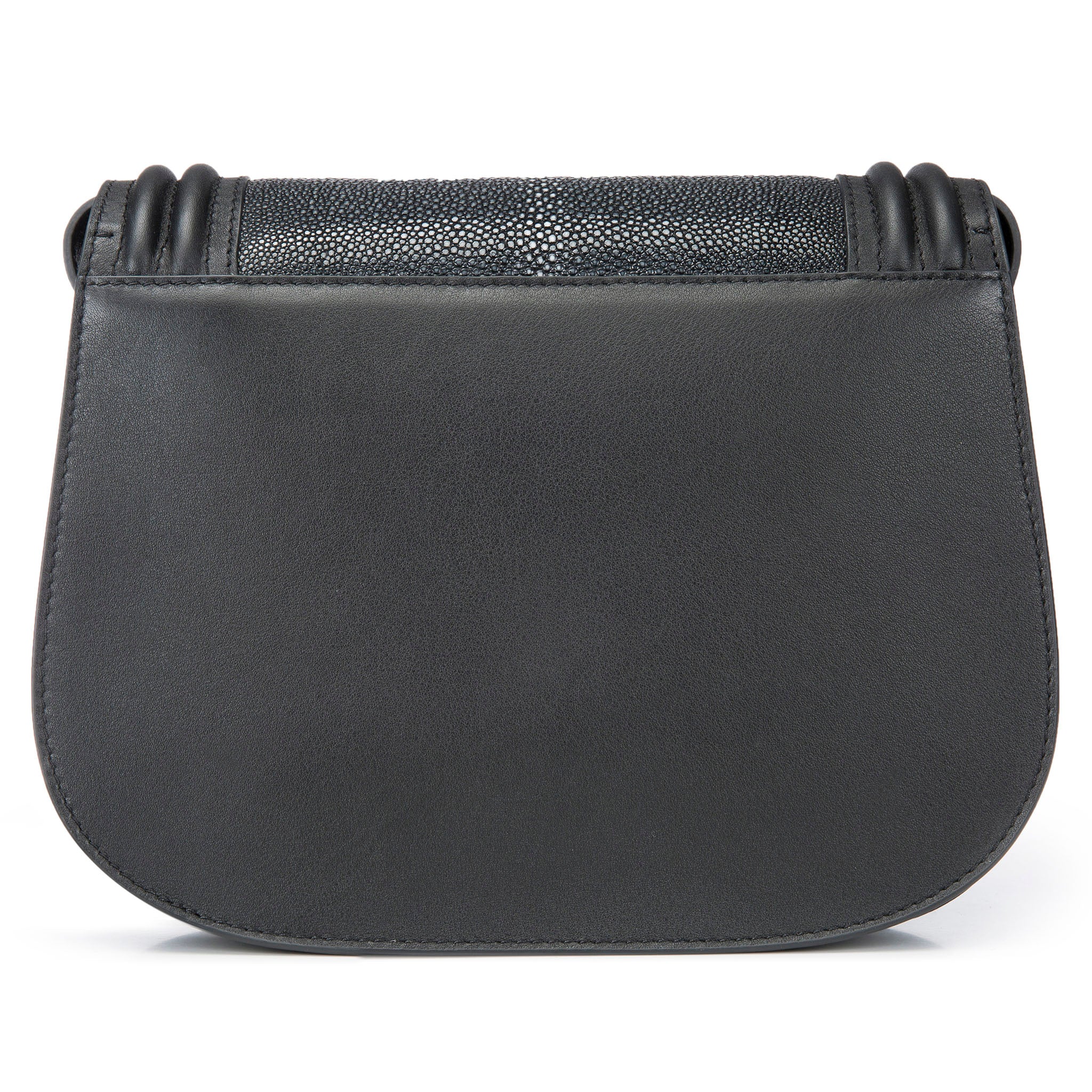 Black Corded Leather Framing Shagreen Front Panel Saddle Bag Back View Hazel - Vivo Direct 