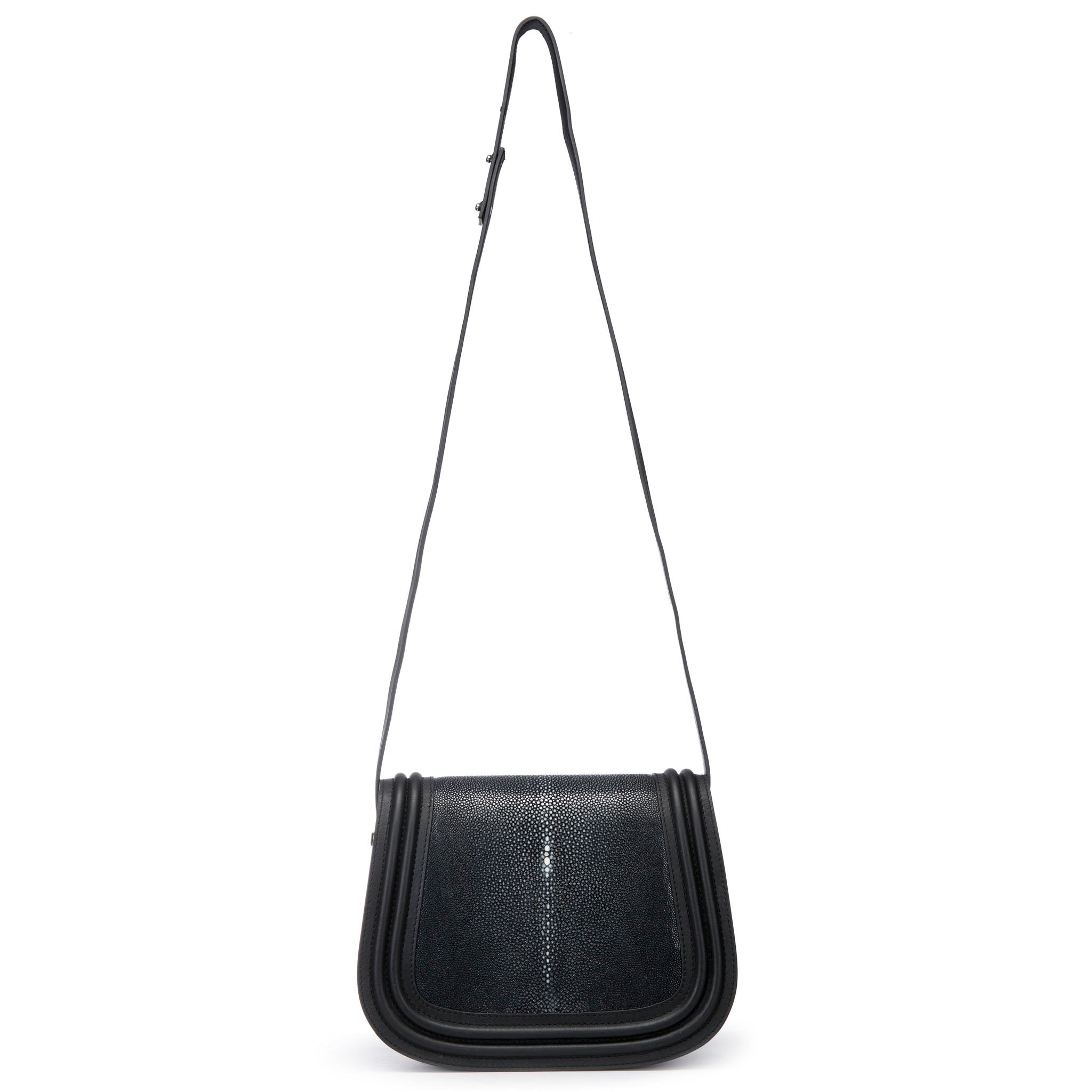 Black Corded Leather Framing Shagreen Shoulder Strap Panel Saddle Bag Front View Hazel - Vivo Direct 