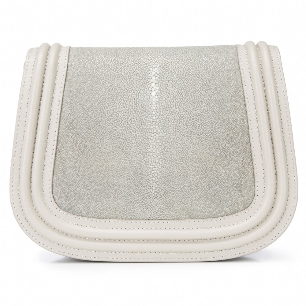 Ecru Corded Leather Framing Shagreen Front Panel Saddle Bag Front View Hazel - Vivo Direct 