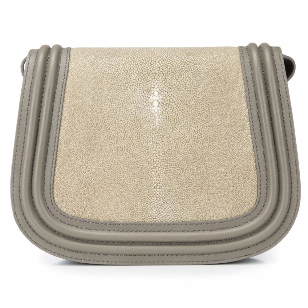 Smoke Corded Leather Framing Shagreen Front Panel Saddle Bag Front View Hazel - Vivo Direct 