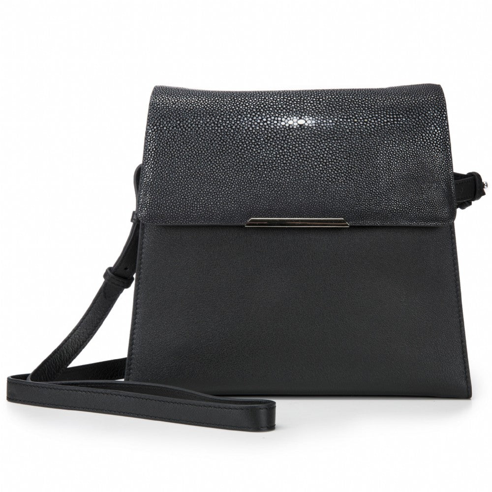 Modern Classic Crossbody Bag Black Shagreen Top And Black Leather Body Front View Jacq - Vivo Direct 