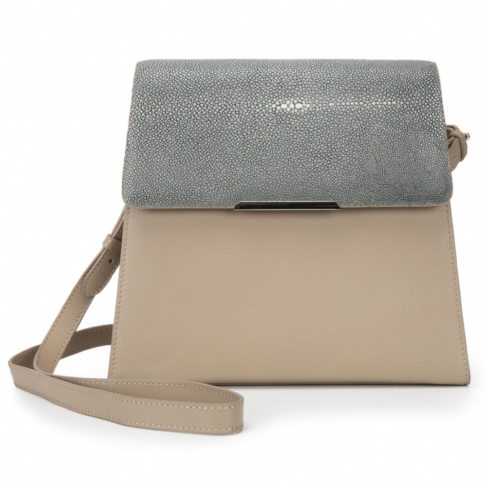 Modern Classic Crossbody Bag Gray Shagreen Top And Buff Leather Body Front View Jacq - Vivo Direct 