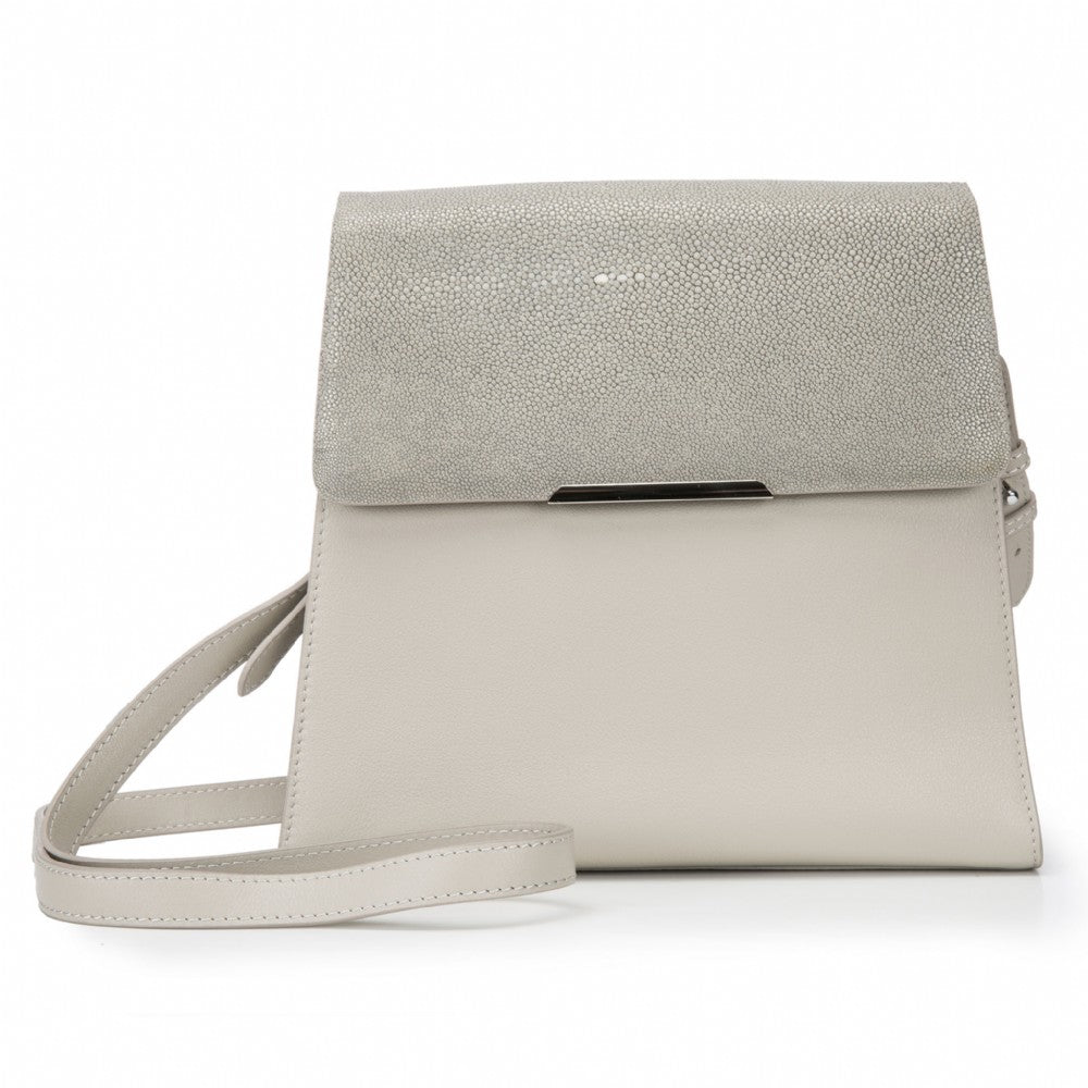 Modern Classic Crossbody Bag Cement Shagreen Top And Ecru Leather Body Front View Jacq - Vivo Direct 