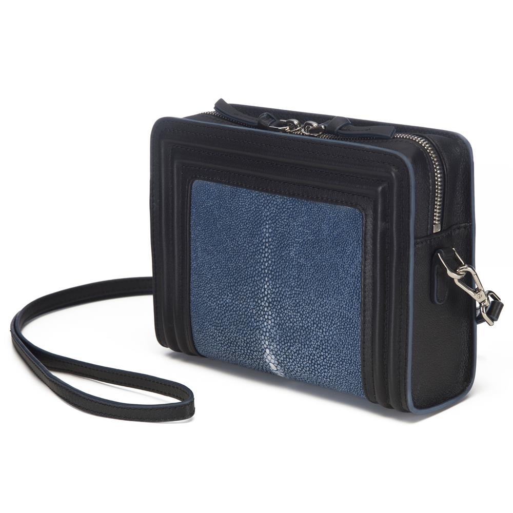Black Corded Leather Frames Navy Stingray Double Zipper Top Cross Body Bag Front View Nora - Vivo Direct 