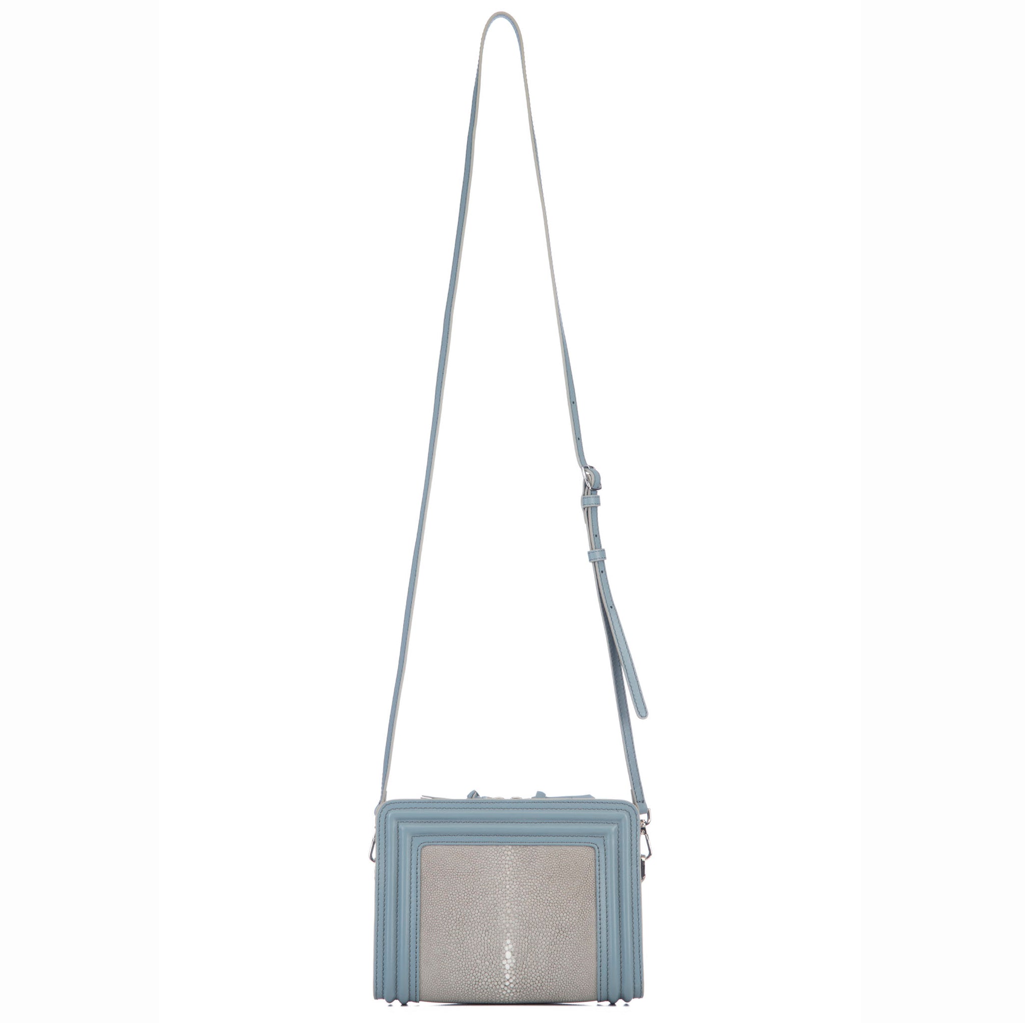 Gray Blue Corded Leather Frames Cement Stingray Double Zipper Top Cross Body BagShoulder Strap View Nora - Vivo Direct 