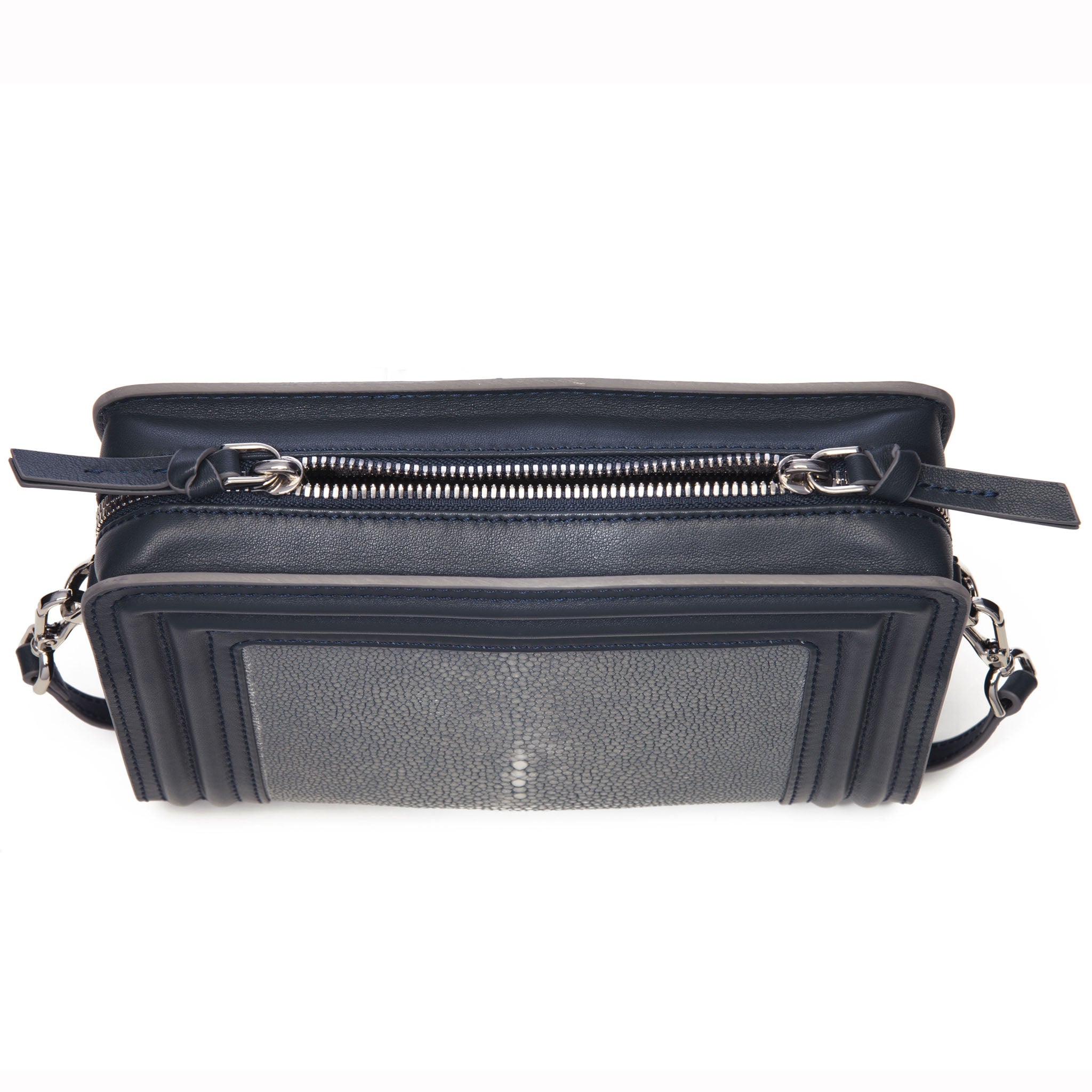 Gray Corded Leather Frames Gray Stingray Double Zipper Top Cross Body Bag Top View Nora - Vivo Direct 