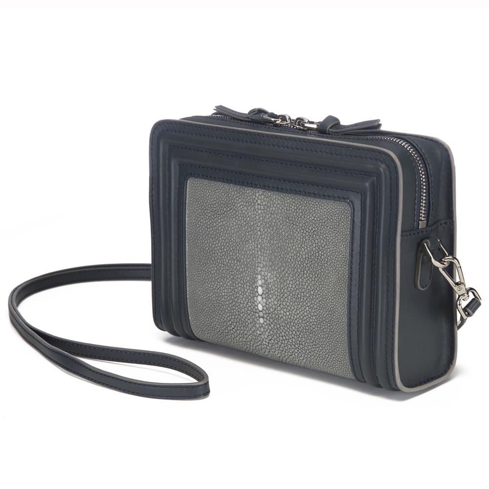 Gray Corded Leather Frames Gray Stingray Double Zipper Top Cross Body Bag Front View Nora - Vivo Direct 