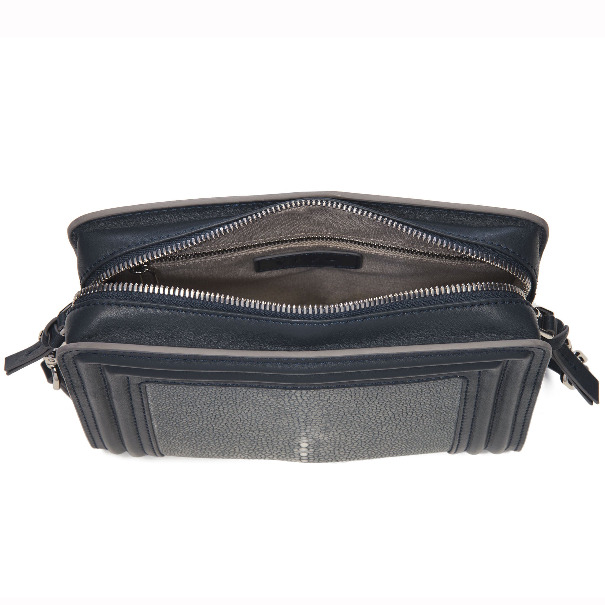 Gray Corded Leather Frames Gray Stingray Double Zipper Top Cross Body Bag Inside View Nora - Vivo Direct 