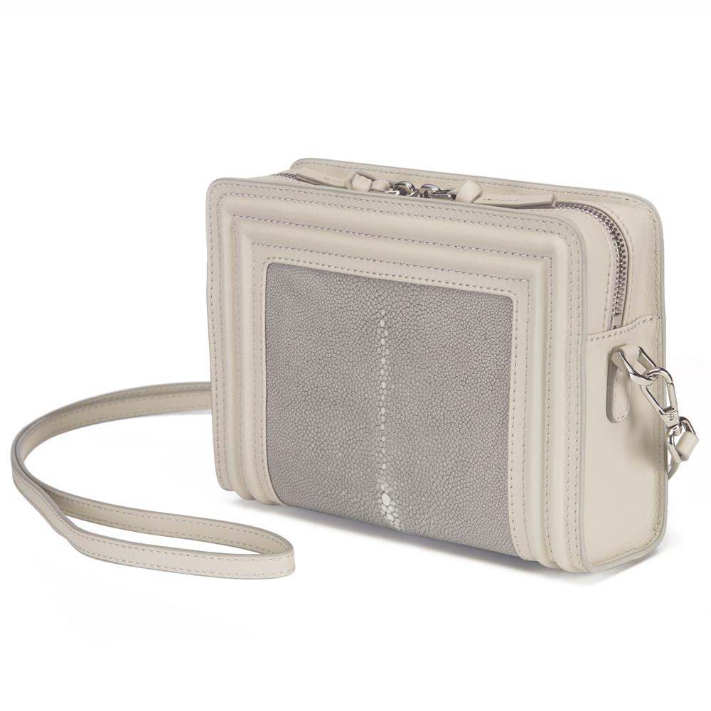 Ecru Corded Leather Frames Cement  Stingray Double Zipper Top Cross Body Bag Front View Nora - Vivo Direct 