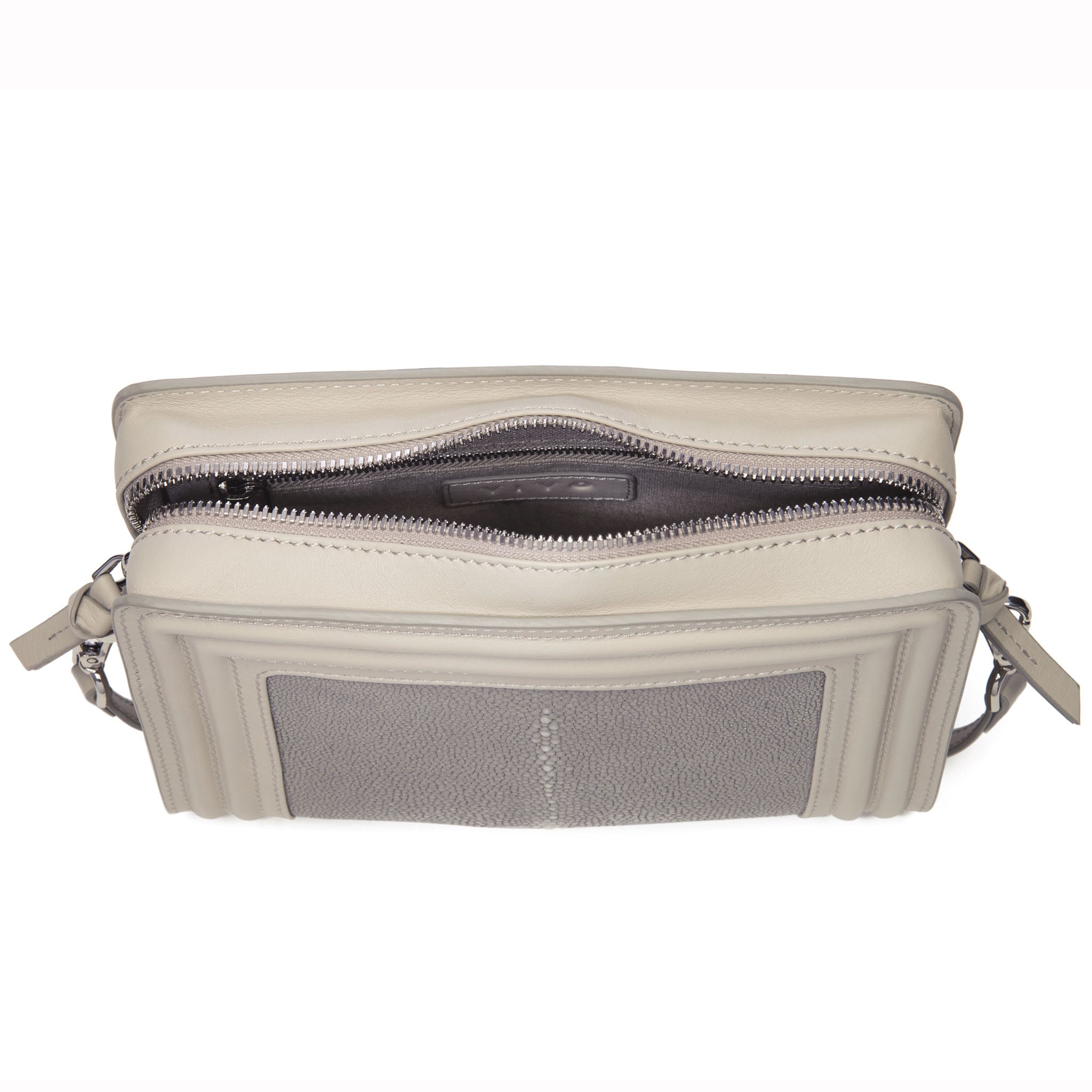Ecru Corded Leather Frames Cement  Stingray Double Zipper Top Cross Body Bag Inside View Nora - Vivo Direct 