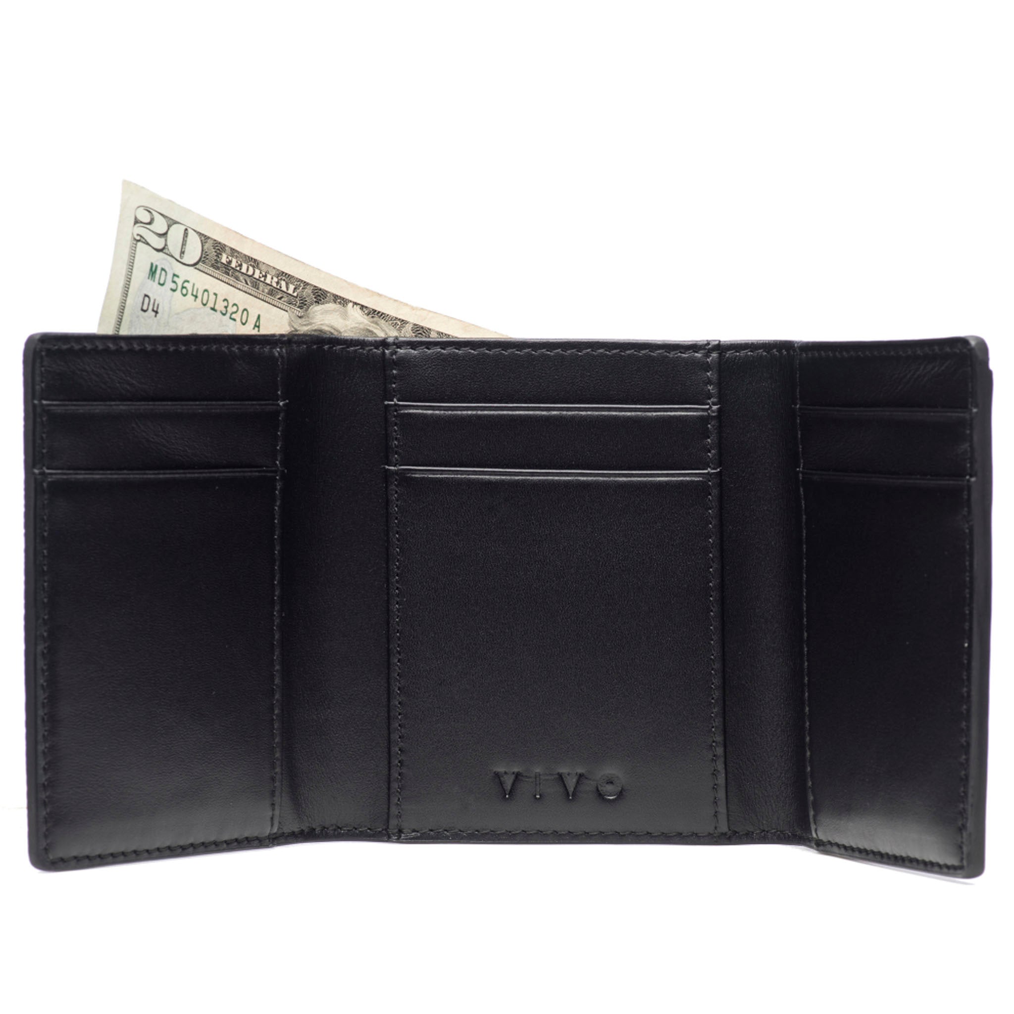 Black Shagreen Tri-Fold Wallet Leather Interior Open View Evan - Vivo Studios