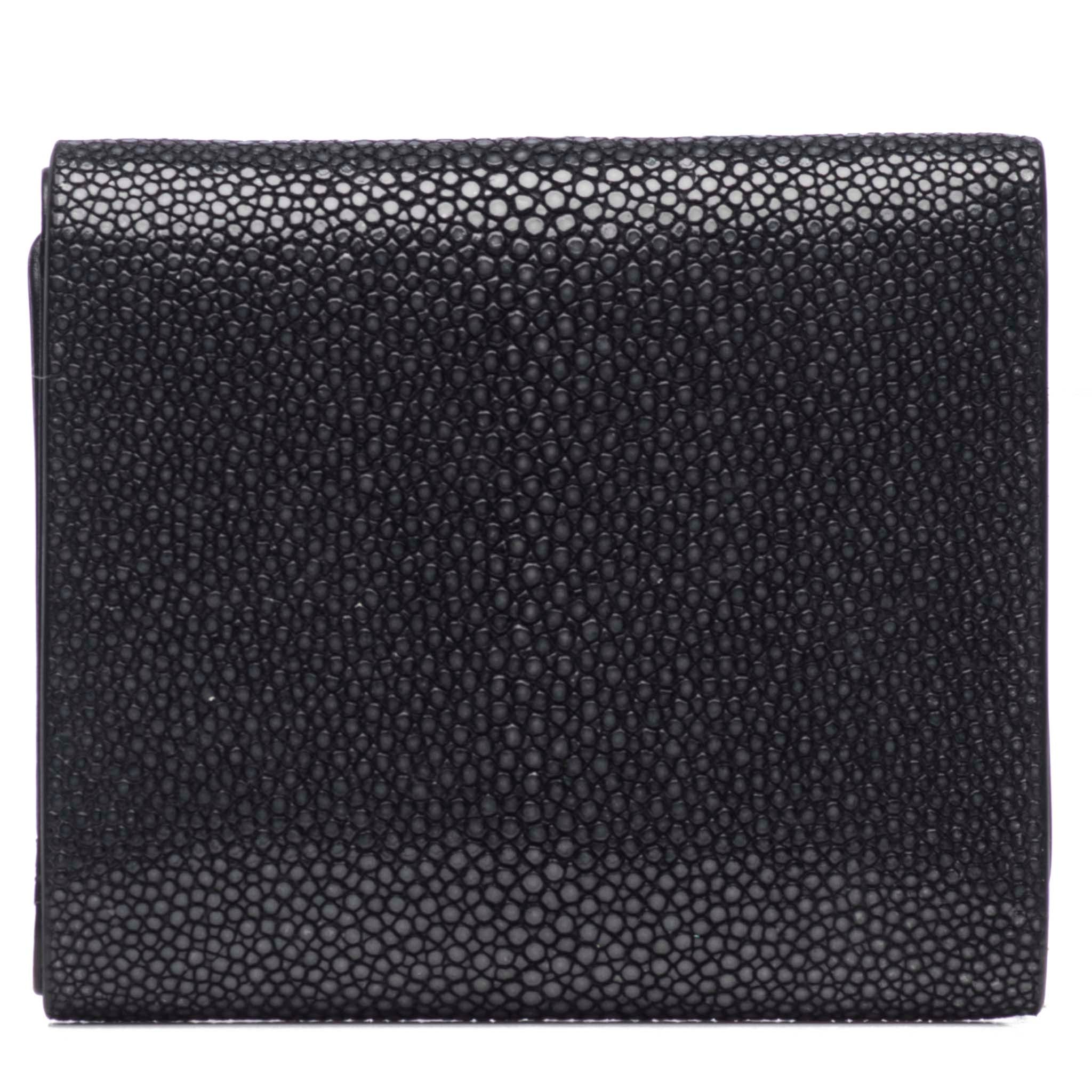 Black Shagreen Tri-Fold Wallet Leather Interior Back View Evan - Vivo Studios