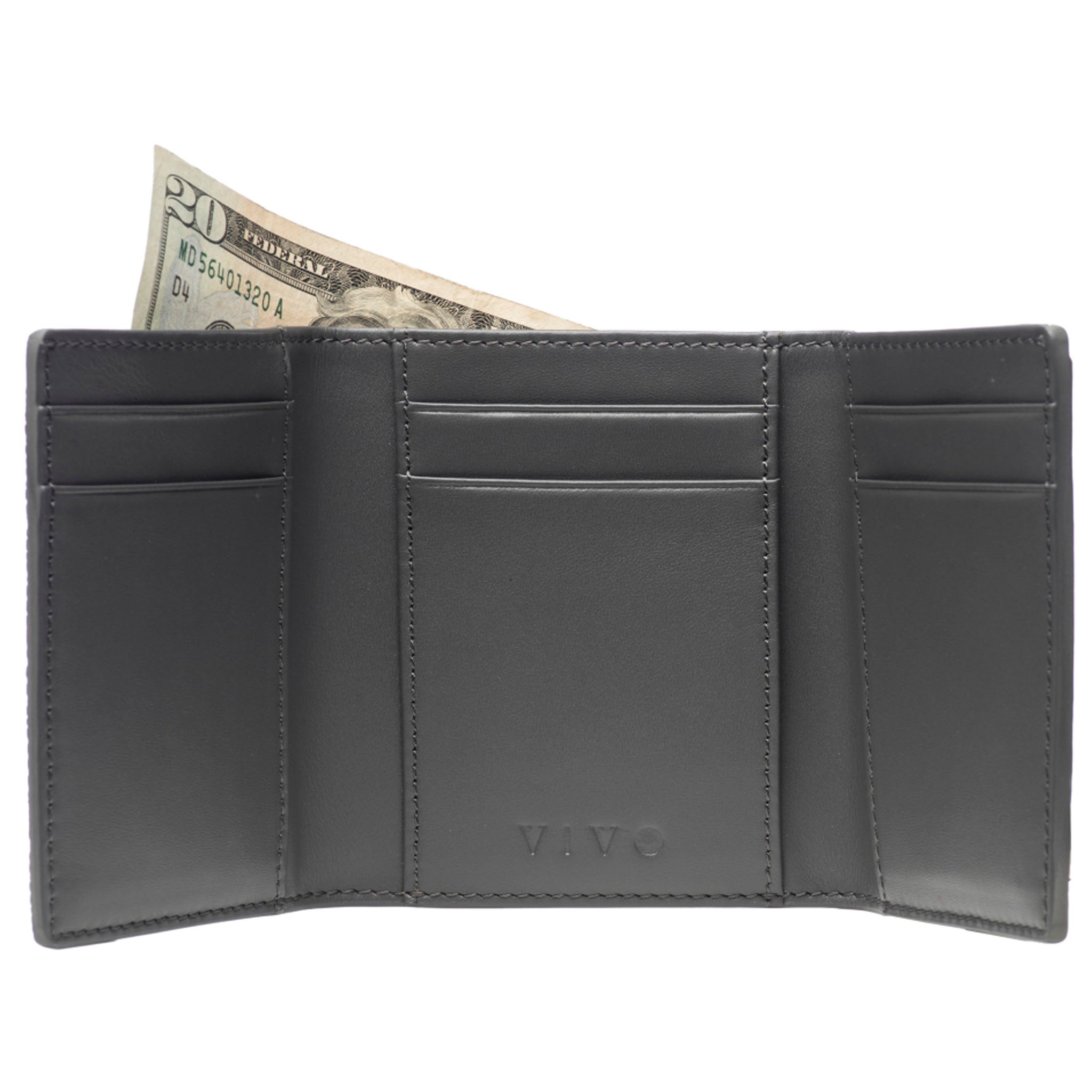 Gray Shagreen Tri-Fold Wallet Leather Interior Open View Evan - Vivo Studios