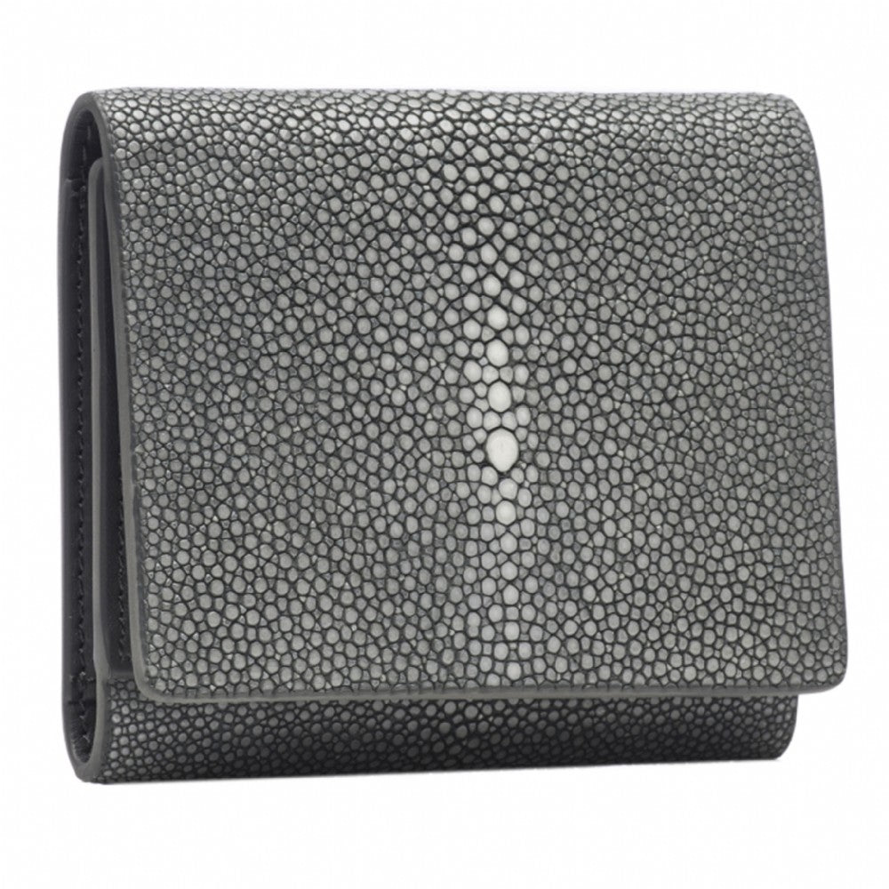 Gray Shagreen Tri-Fold Wallet Leather Interior Front View Evan - Vivo Studios