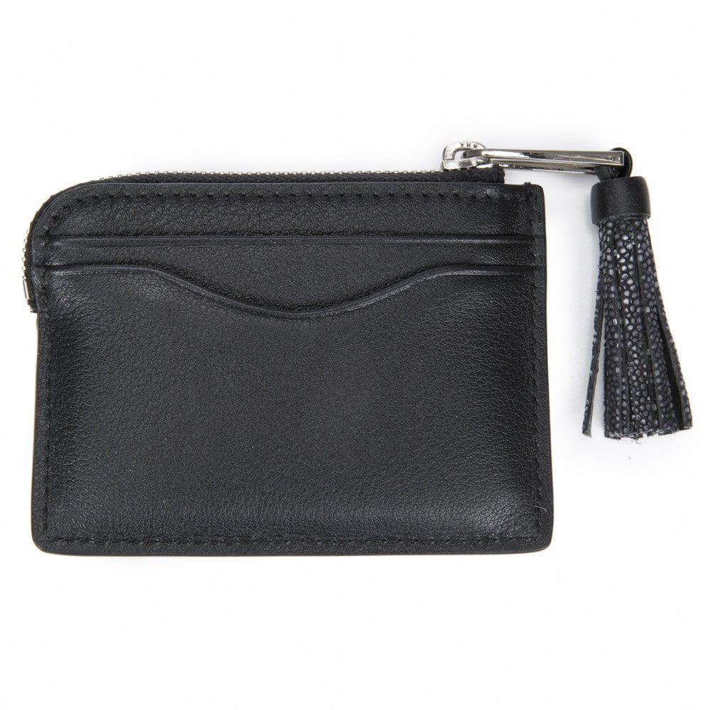 Black Leather Zipper Card Or Coin Case With Shagreen Tassel Pull Back View Avery - Vivo Direct