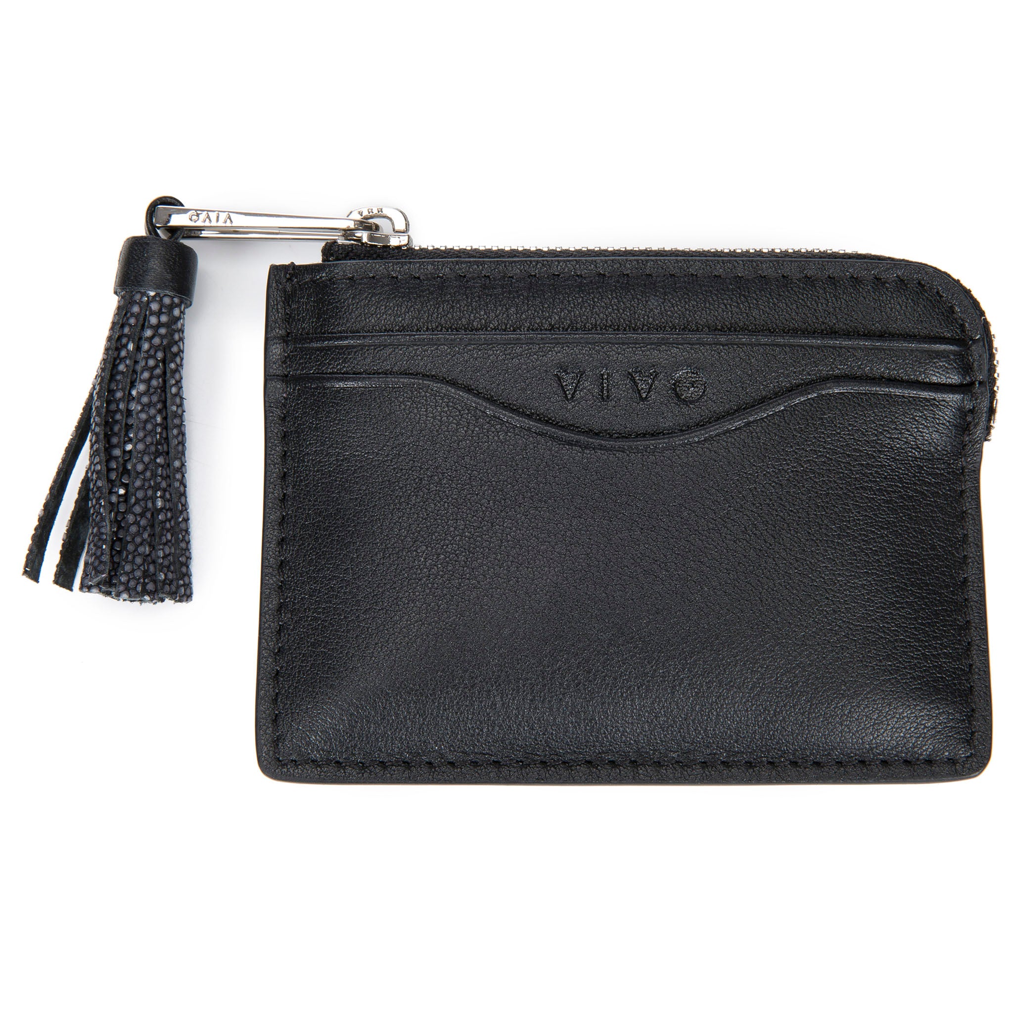 Black Leather Zipper Card Or Coin Case With Shagreen Tassel Pull Front View Avery - Vivo Direct