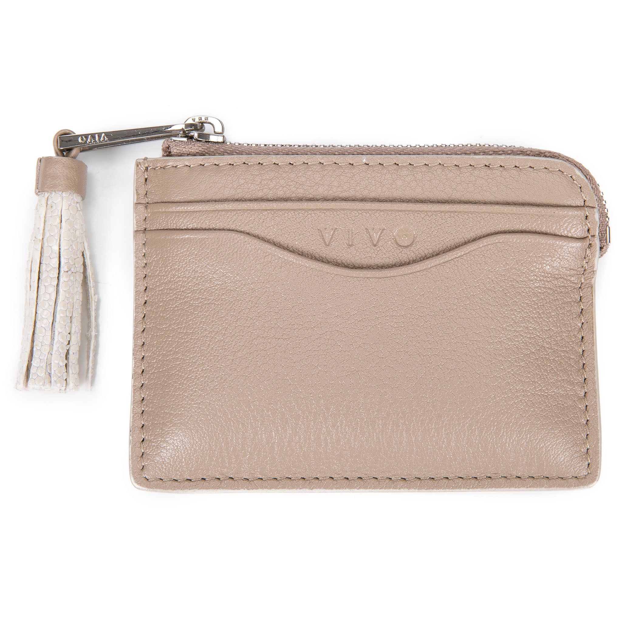 Buff Leather Zipper Card Or Coin Case With Shagreen Tassel Pull Front View Avery - Vivo Direct