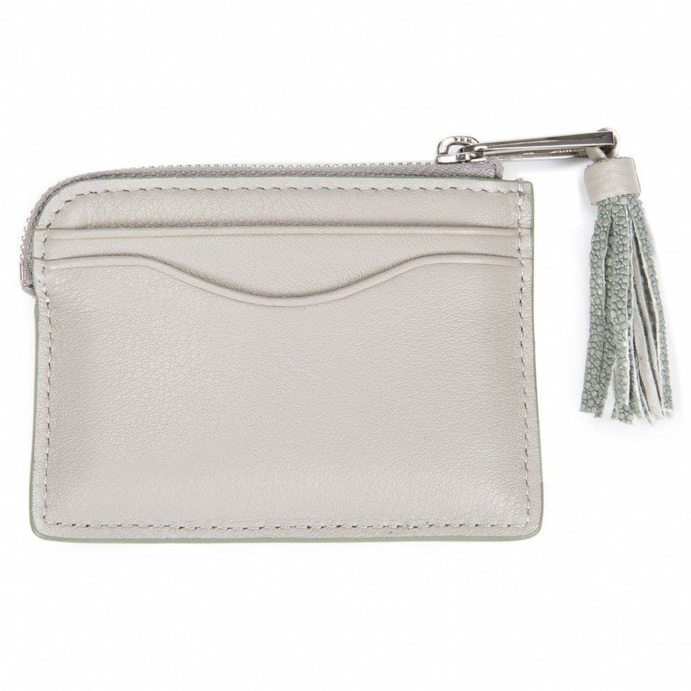 Ecru Leather Zipper Card Or Coin Case With Shagreen Tassel Pull Back View Avery - Vivo Direct