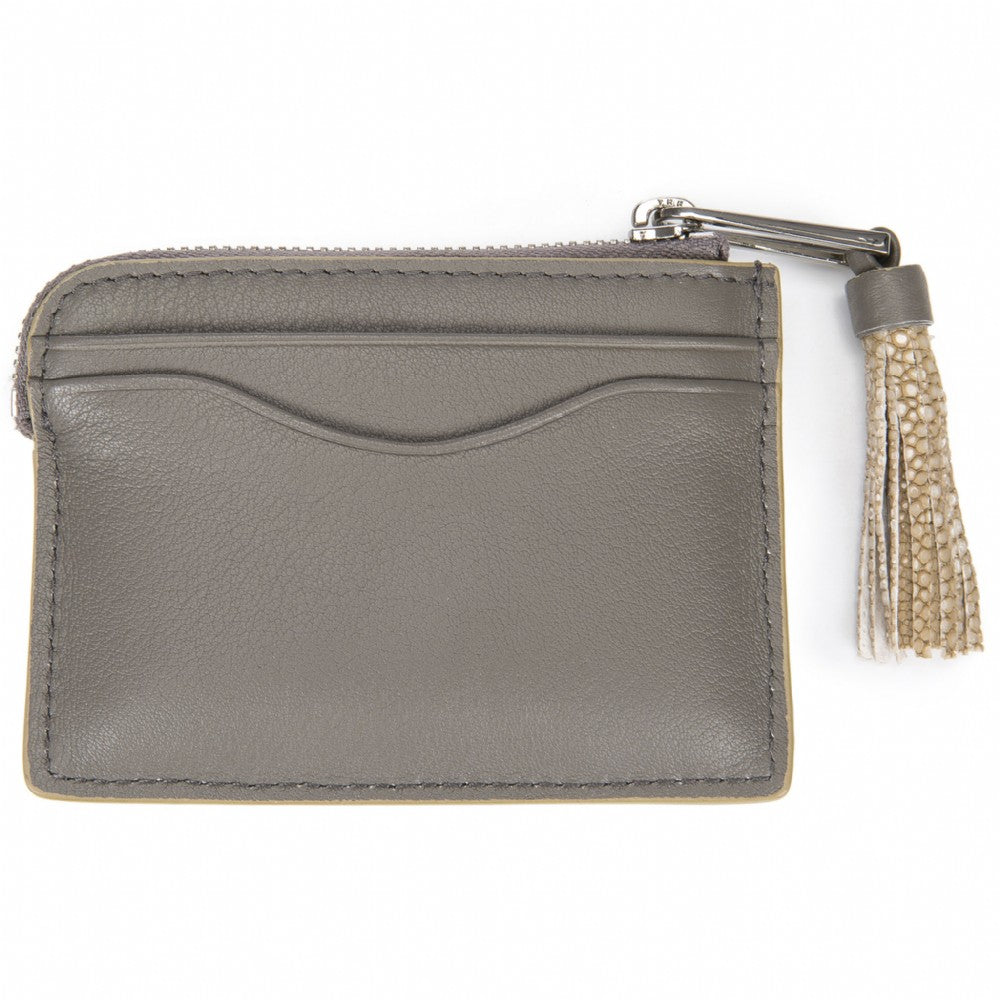 Smoke Leather Zipper Card Or Coin Case With Shagreen Tassel Pull Back View Avery - Vivo Direct
