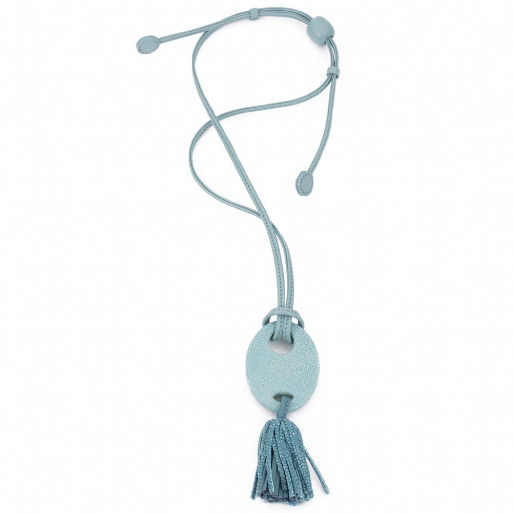 Shagreen pendant and tassel ,adjustable length,  leather cord. Aqua