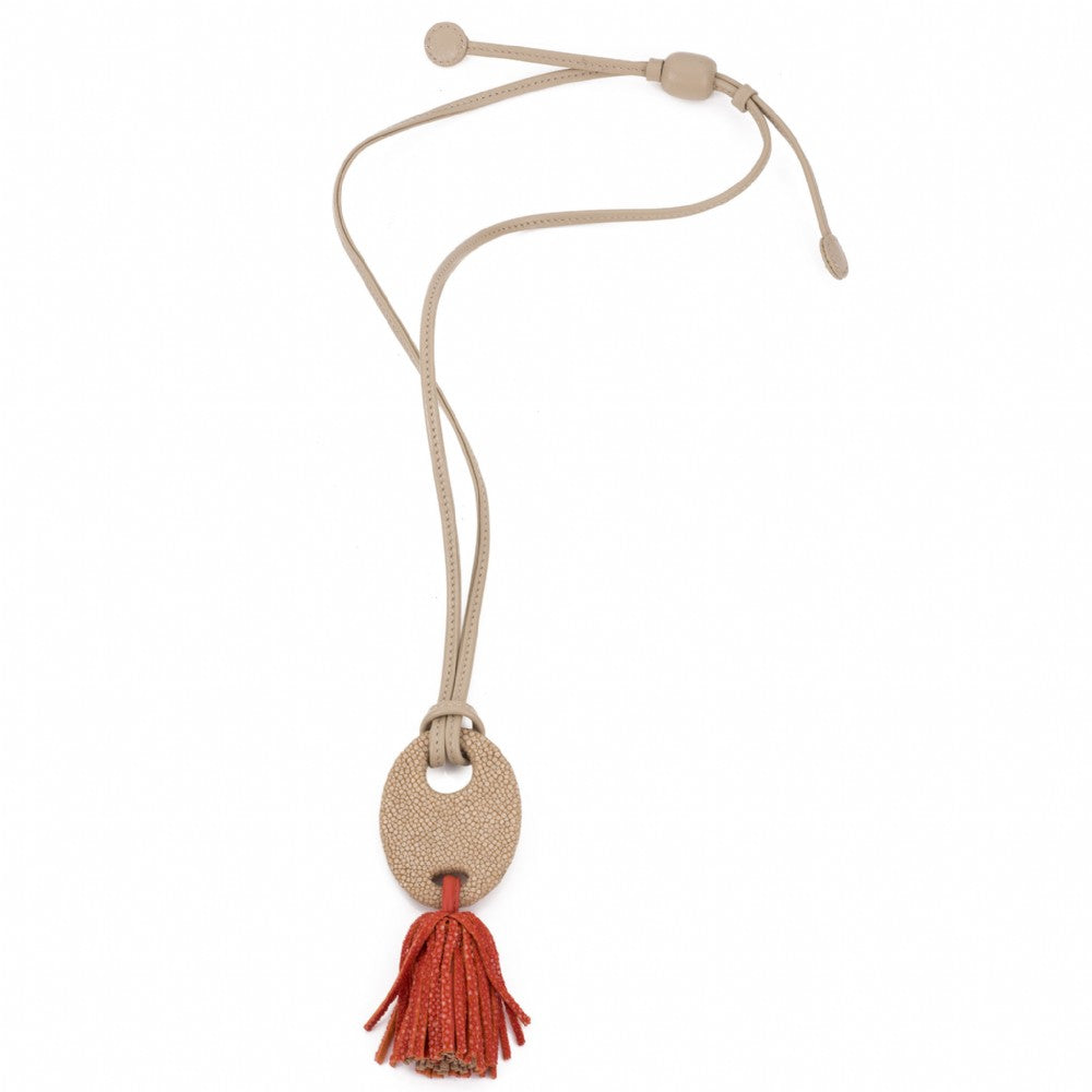 Shagreen pendant and tassel, adjustable length,  leather cord. Orange and Latte